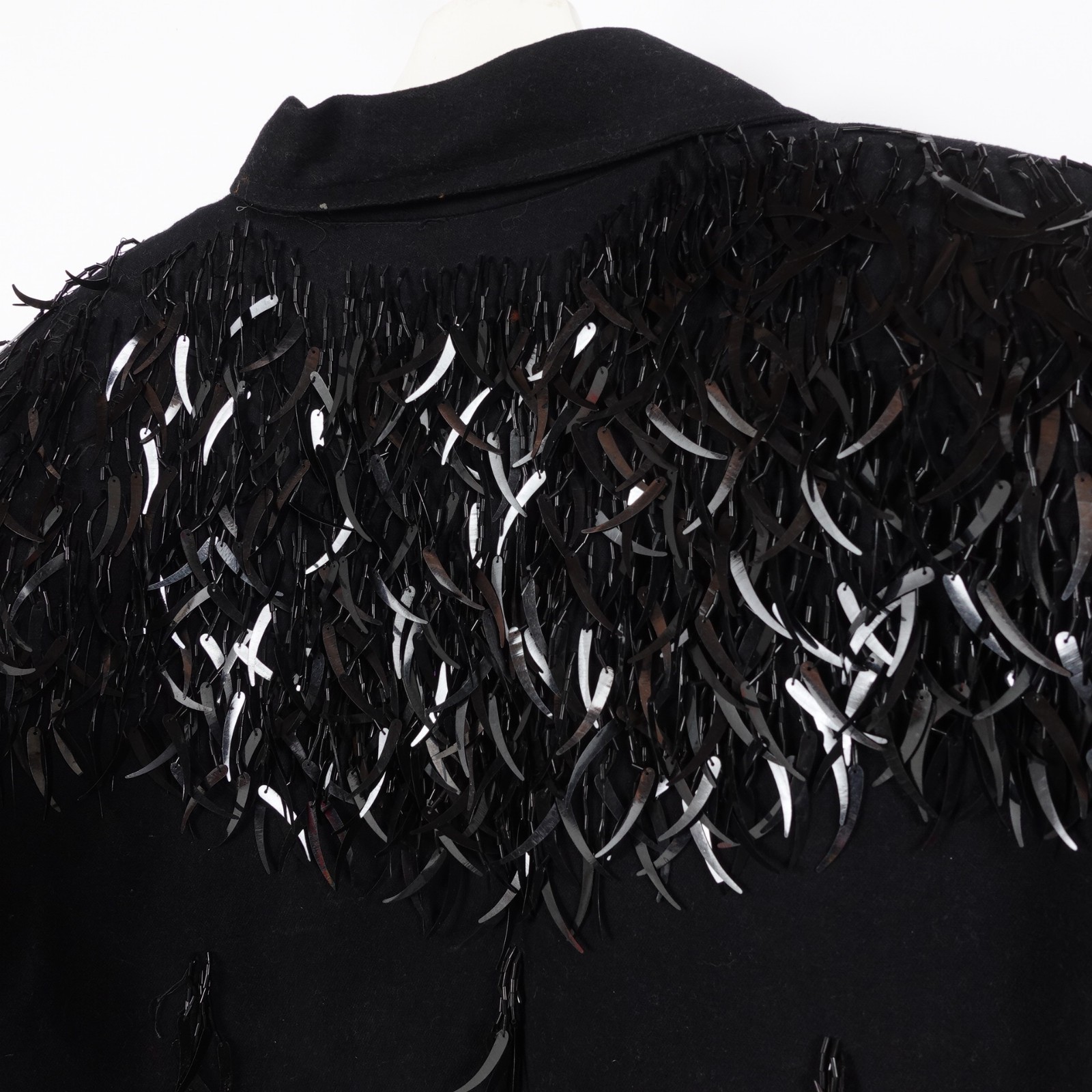 Vintage Modi Denim Feather Sequin Jacket Women Size Large Black Beaded Fringe