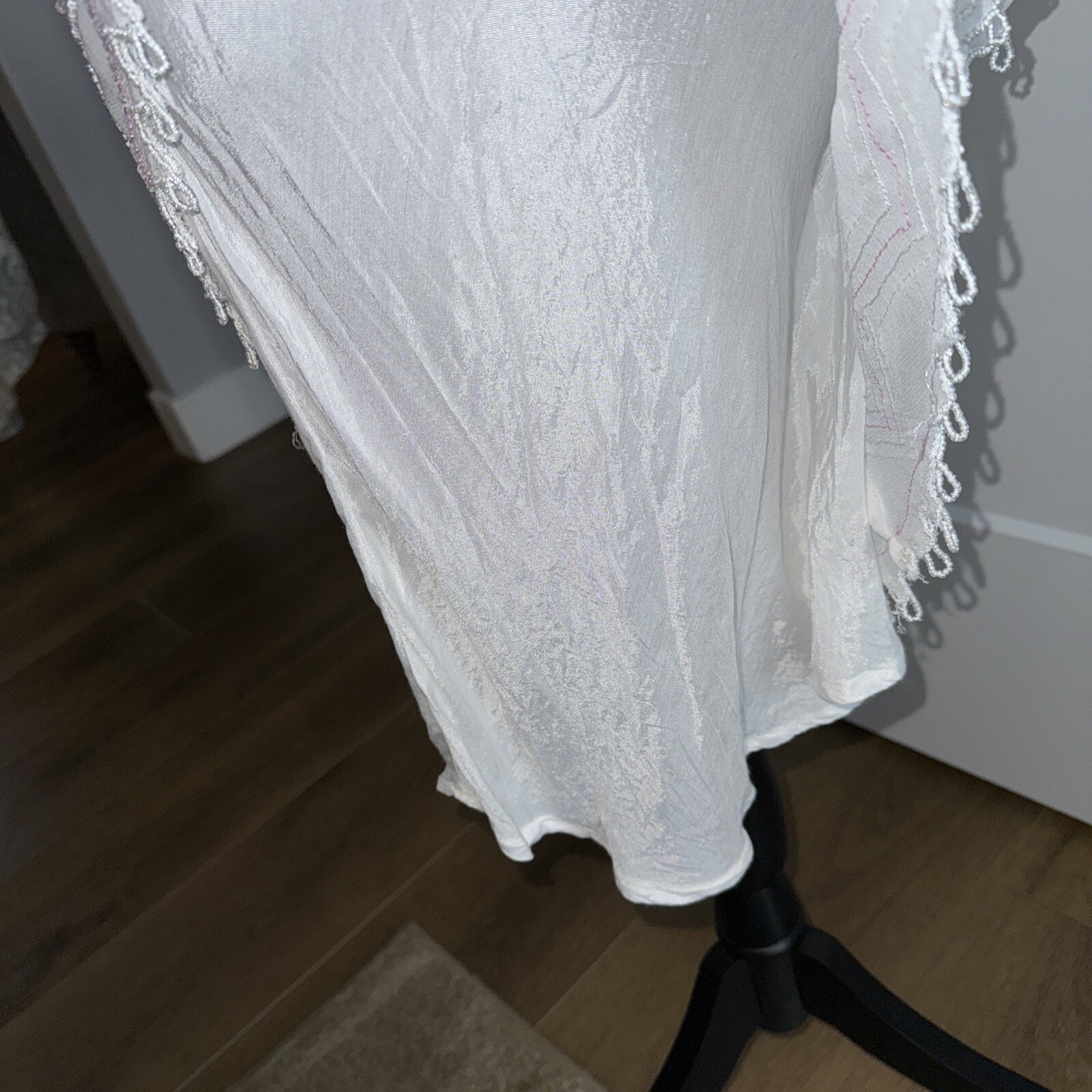 Vintage White Papillon Dress Beaded Fairycore Pink Flapper Rayon Wedding Y2K Sm