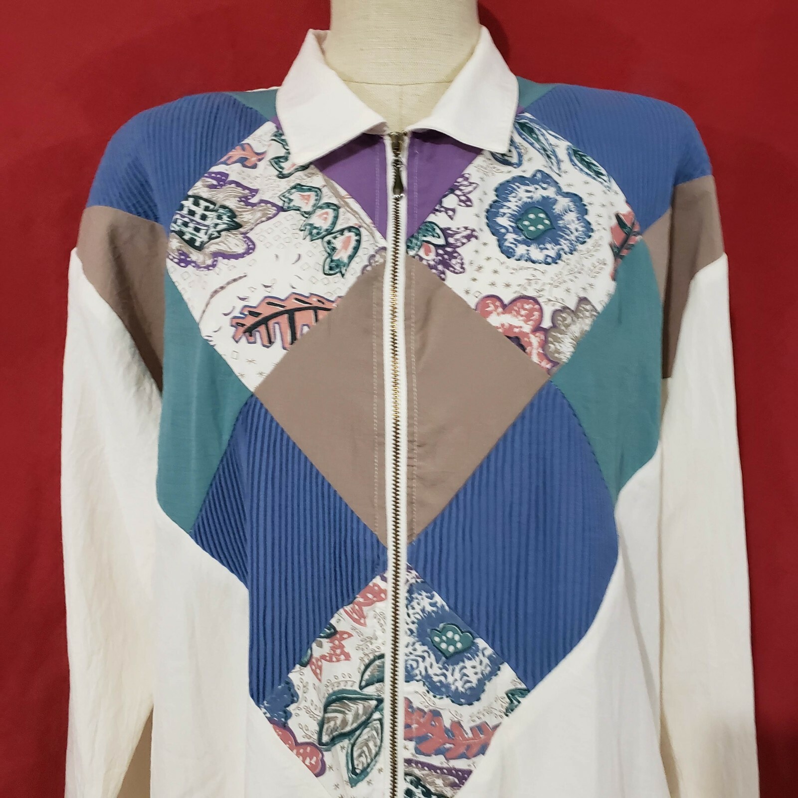 Vtg Teddi Ivory Multicolor Zip Light Blazer Top XL