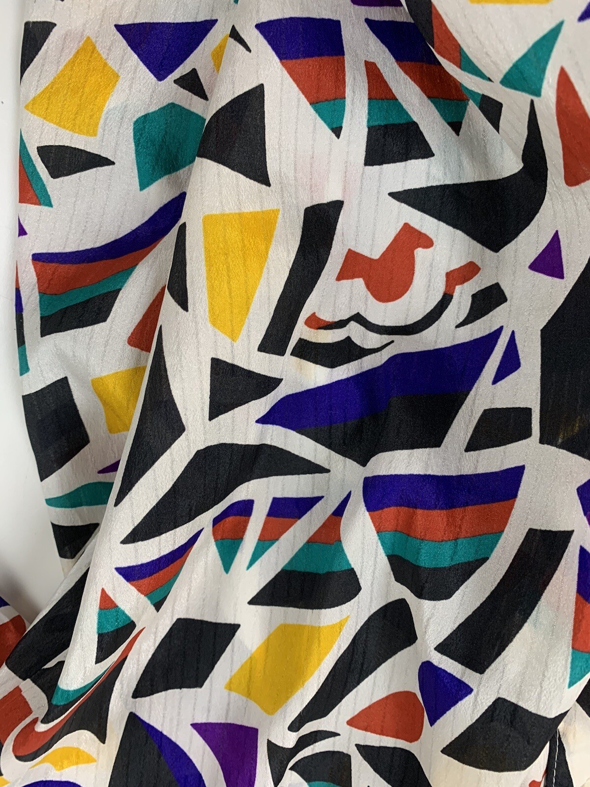 Vtg 80s Stewart Lang Blouse Multicolor Geometric Print Silky Poly Long Sleeve 16