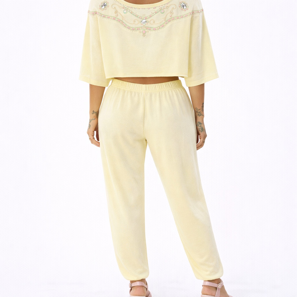 80s Vintage Ivory Puff Paint Jewel Cropped Dolman Sleeve & Pant Suit Set Women S
