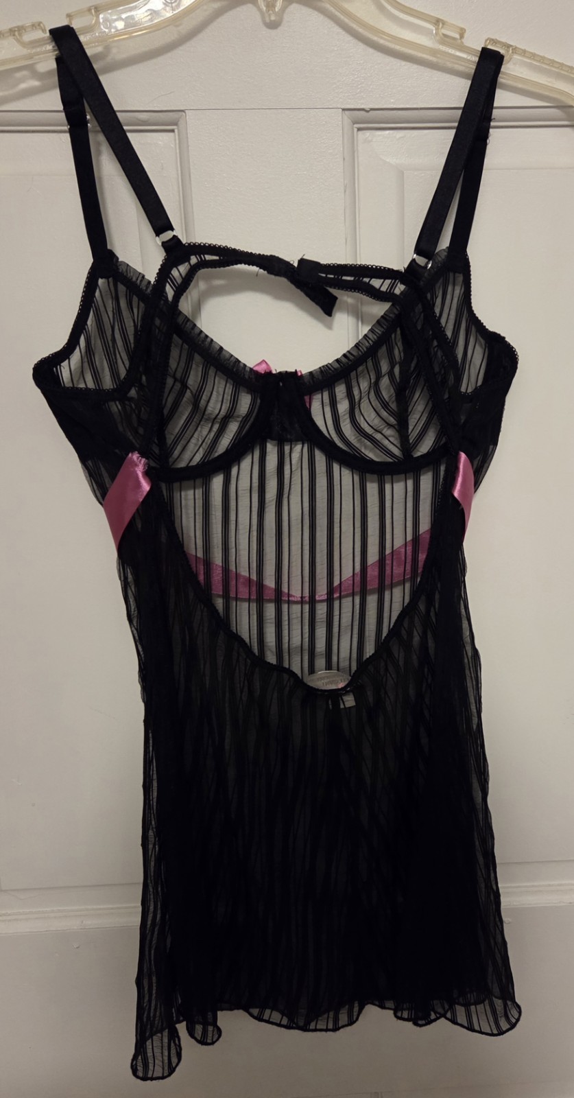 Vintage Y2K Elegant Moments Black Mesh Lingerie Pink Ribbon & Bow *Size L* EUC