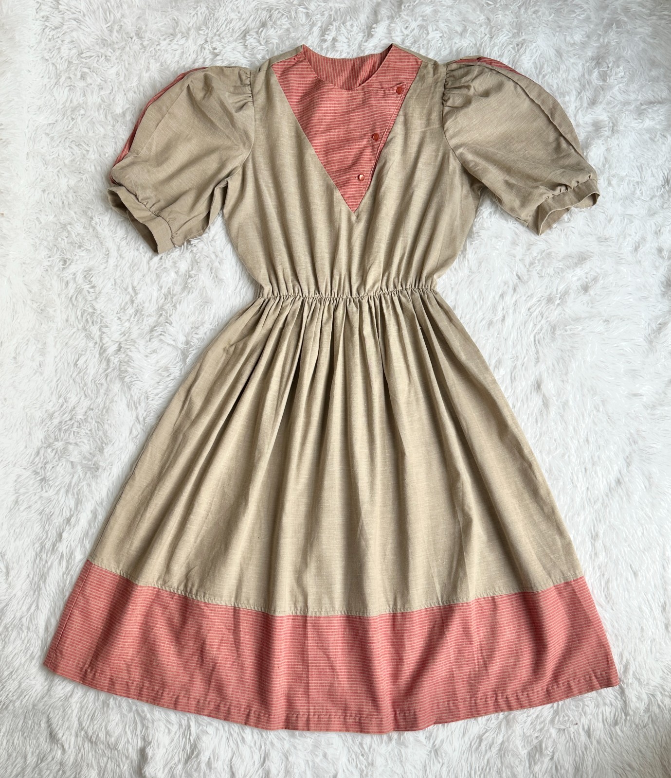Vintage Impromptu Prairie Cottagecore Peasant Dress Brown Pink Puff Sleeve Women