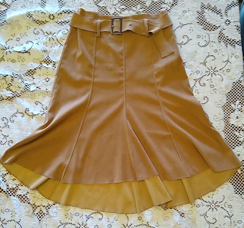 Vintage LULY K NEW YORK Skirt Tan Faux Suede Size L Large Paneled Belted