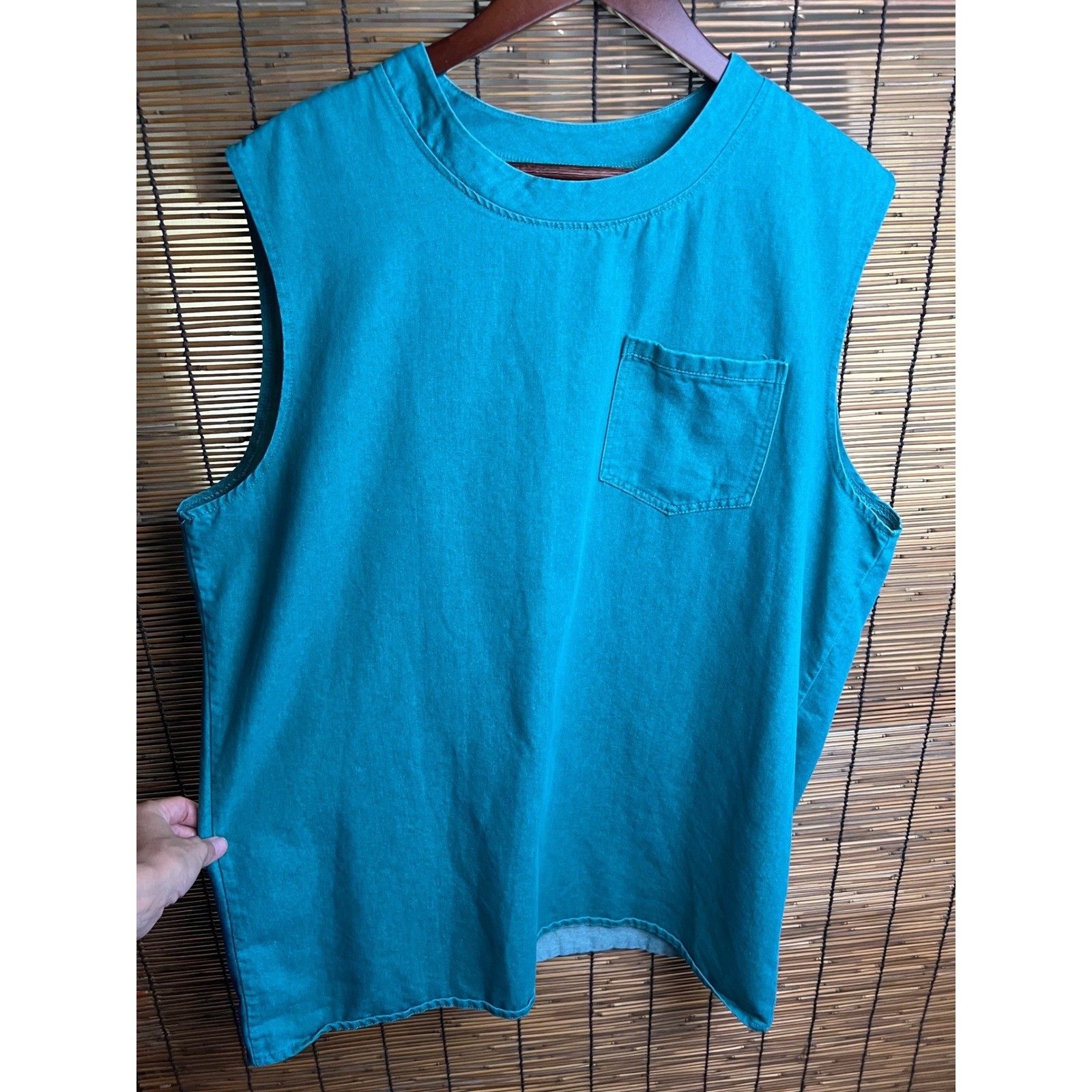 Vintage 90s Teal Turquoise Lightweight Denim Sleeveless Shell Top Pocket XL