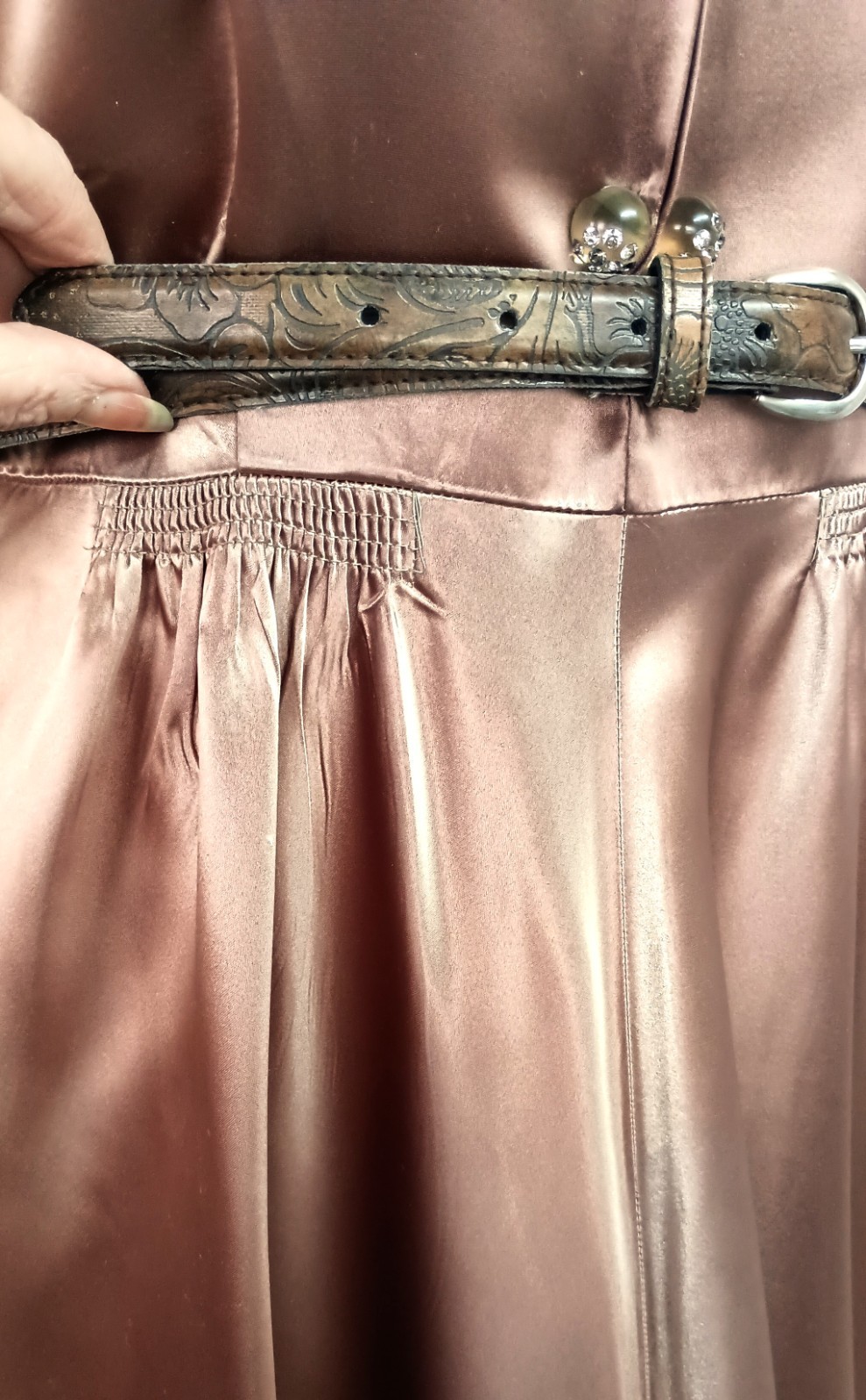 Vintage 50’s Gold Rayon Satin Shirtwaist Short Sleeve Dress & Belt Medium