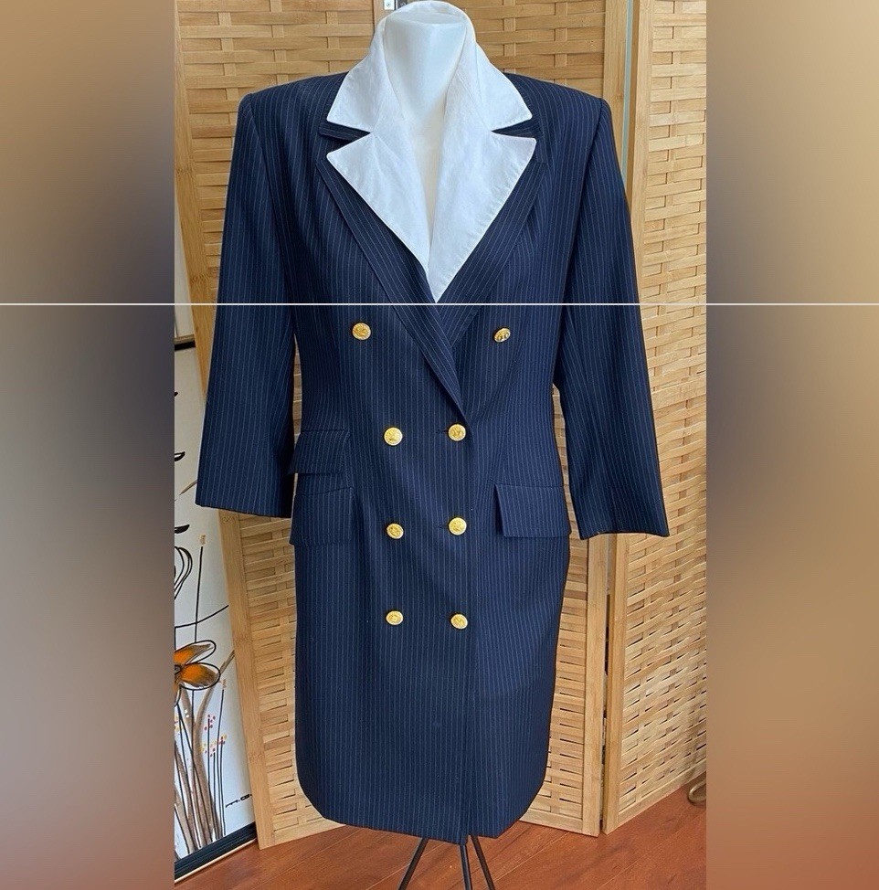 Vintage Celine Wool Pinstripe Double Breasted Coat Dress Removable Collar