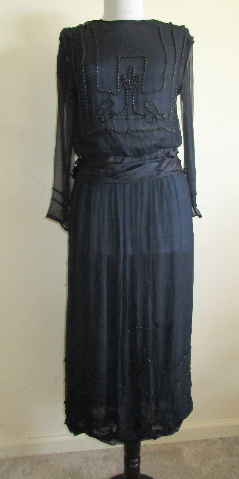 Vintage/Antique 1920’s Art Deco Black Silk Chiffon Jet Beaded Flapper Dress