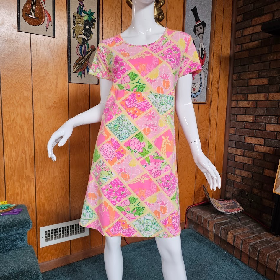 Vtg Y2K Lilly Pulitzer Worth Patch Lions Giraffe Patchwork T-Shirt Dress L/XL