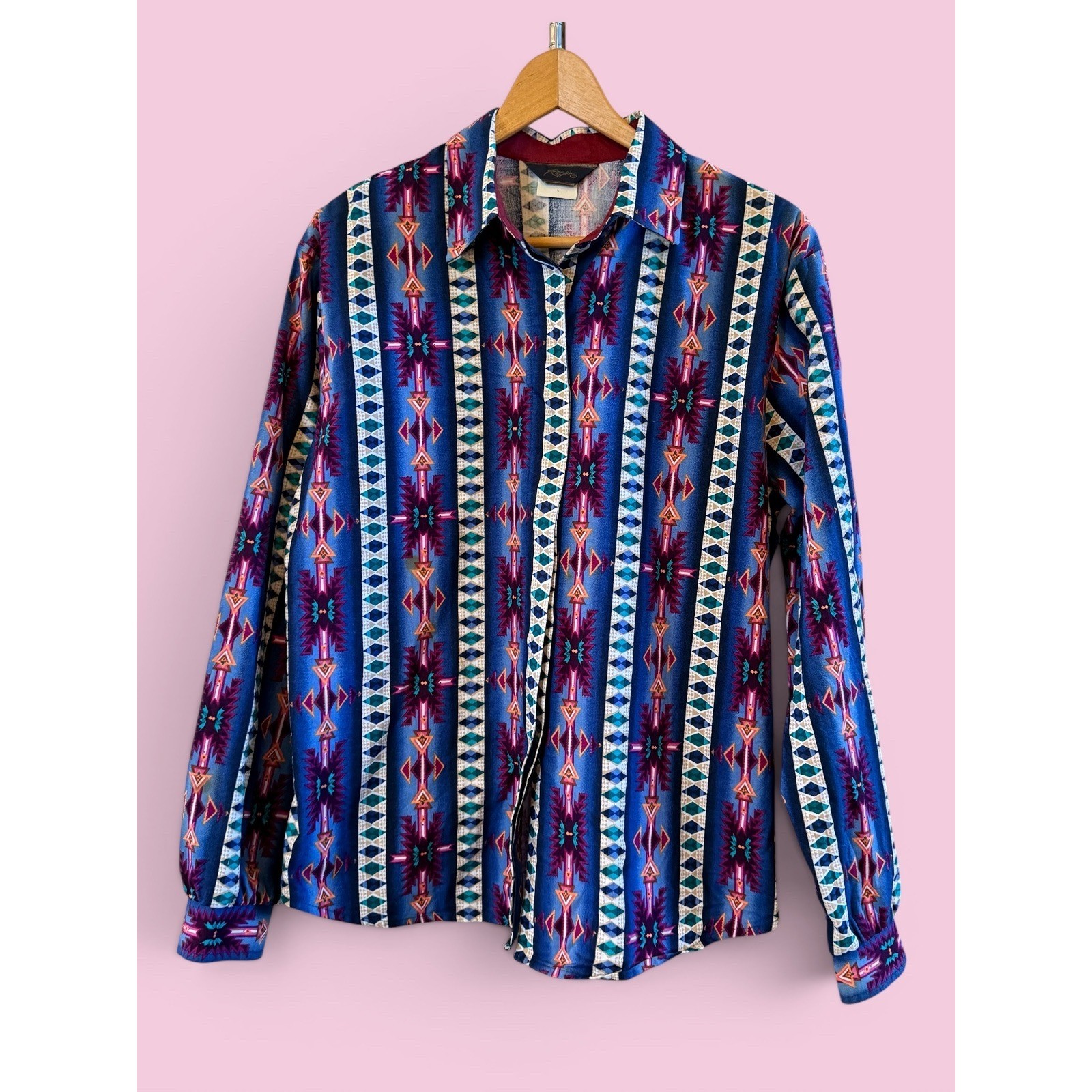 Vtg 90’s Roper Wmns L Western Cowgirl Colorful Aztec Geometric Button Down Shirt