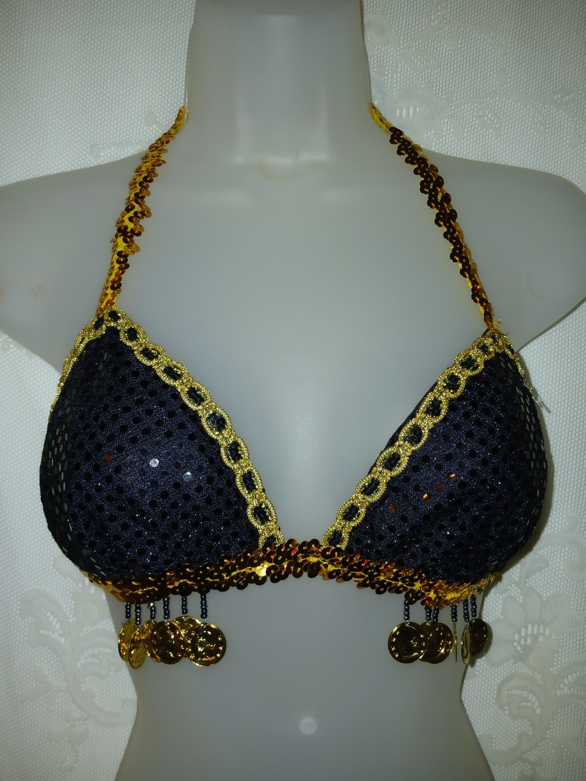 Vintage Belly Dancing Harem Genie Costume Black Chiffon Sequin Gold Coins XS