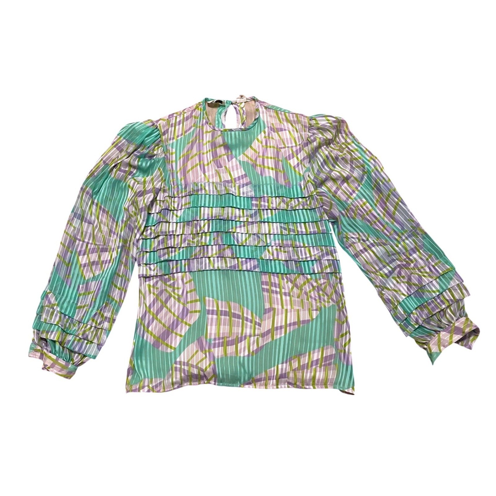 Vintage Oleg Cassini Silk Blouse Size 8 Pastel Print Puff Sleeve Sheer Top