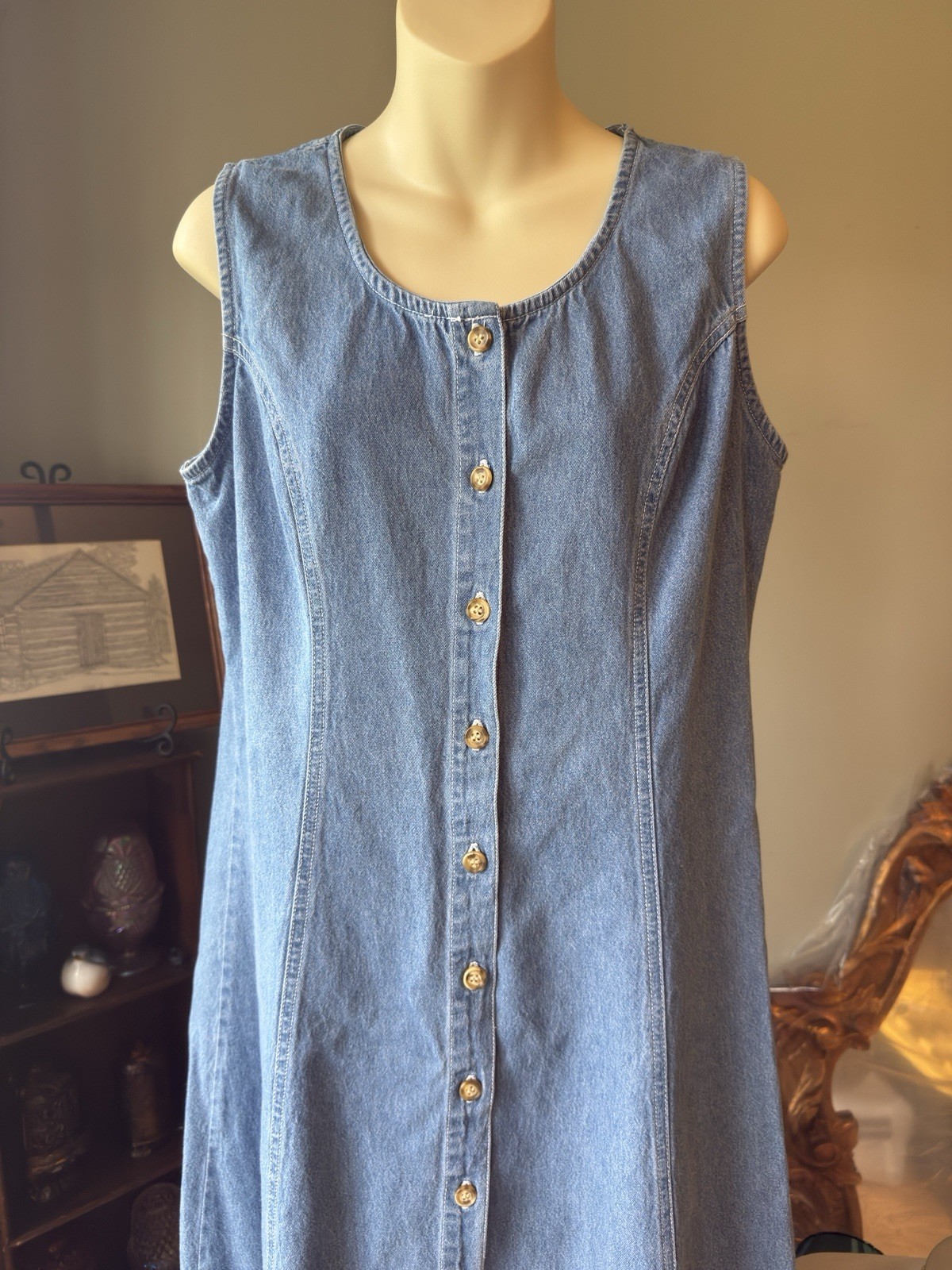 FADS VINTAGE 1980s DENIM DRESS 100% COTTON SIZE 14 SLEEVELESS BUTTON DOWN