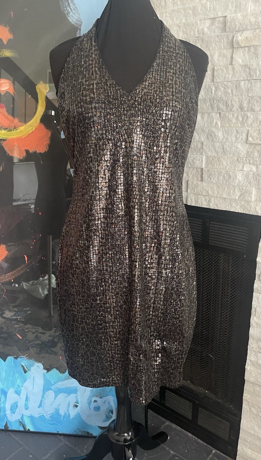 Vintage Cache Square Sequin Strechy Short Dress Back Cut Out Size 14