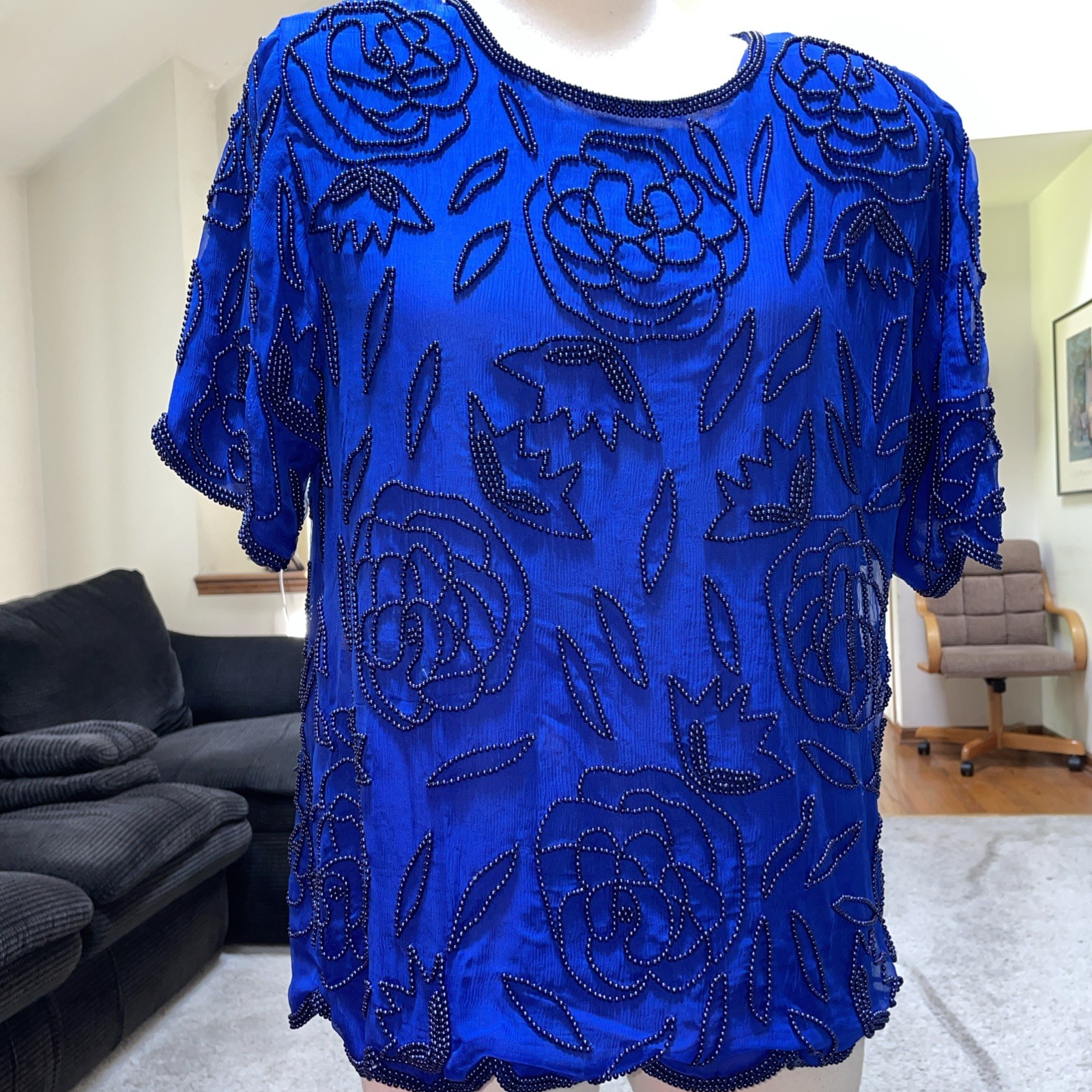 Stenay Padded Shoulders Blue Black Beaded Short Sleeve Top Size Medium