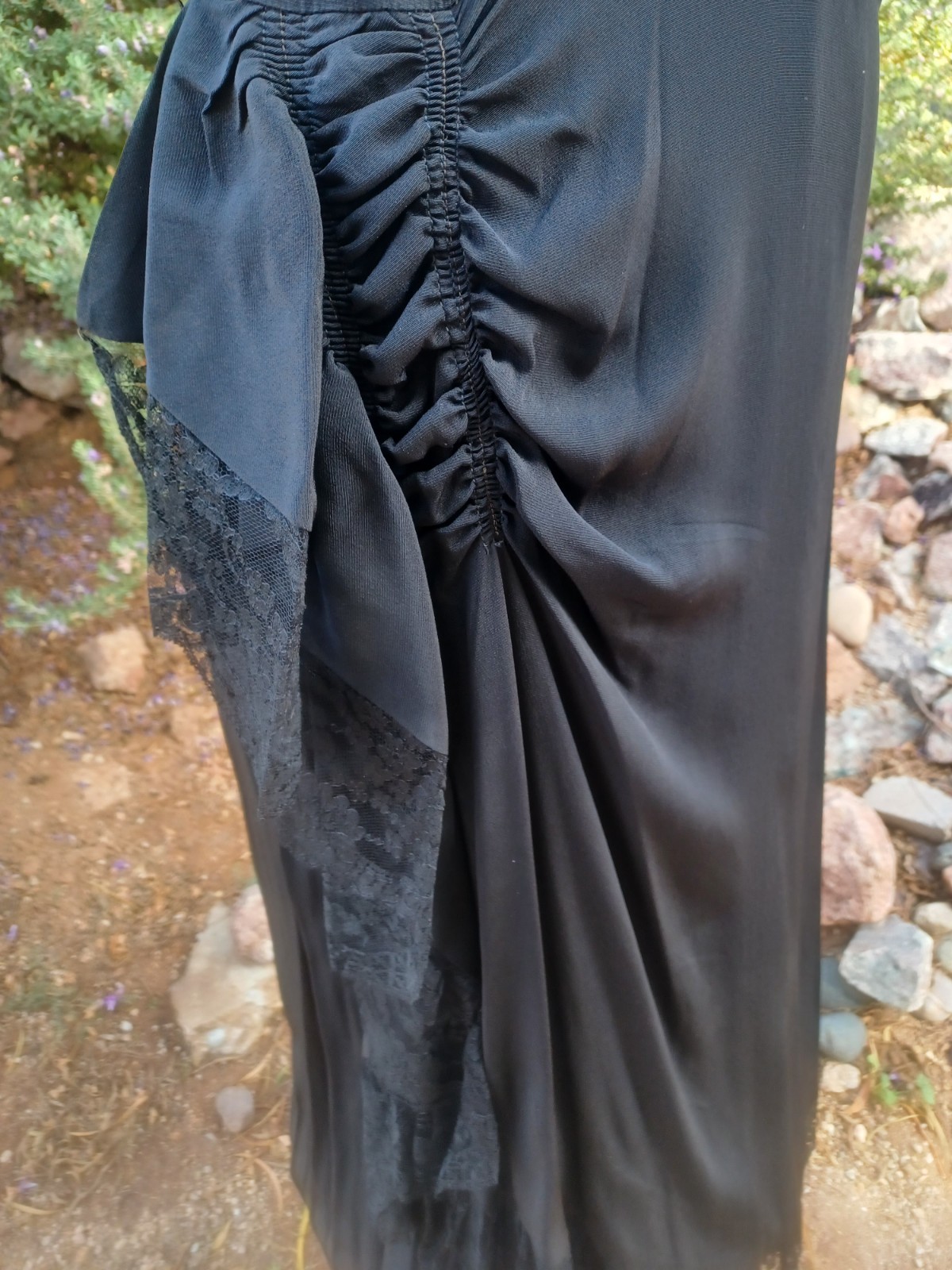 Vintage 1940s Black Cocktail/Wiggle dress with nude-color and lace accents