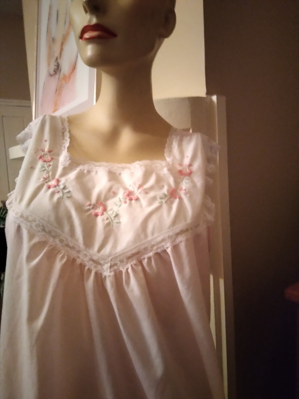 Vintage Nicole Pink Cotton Blend Gown Lace and Embroidery Bodice/sm
