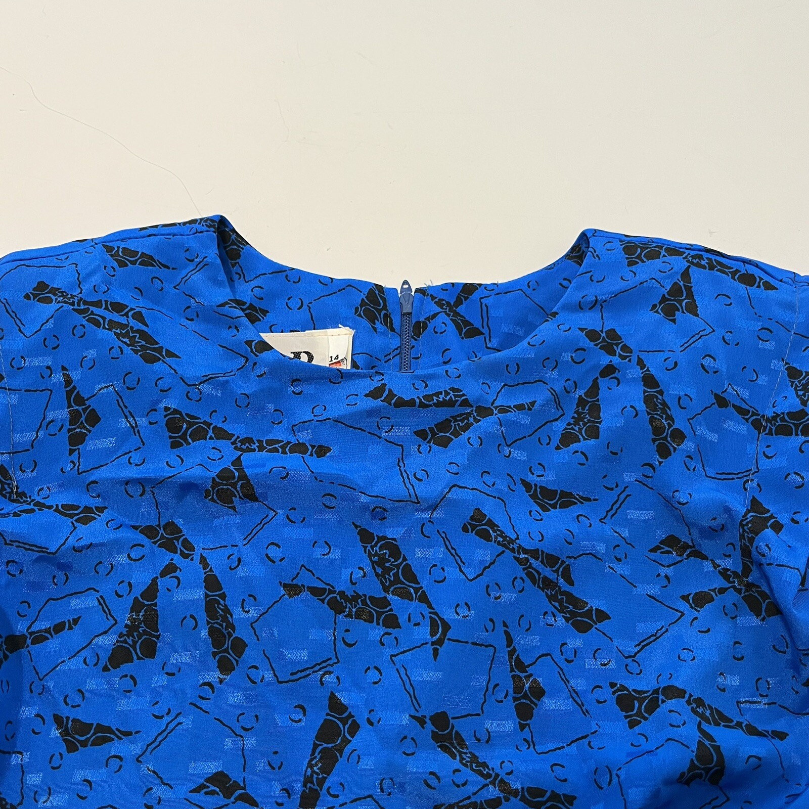 80s VLP Petites Blue Abstract Secretary Dress Elastic Waist Union Tag Vintage 14