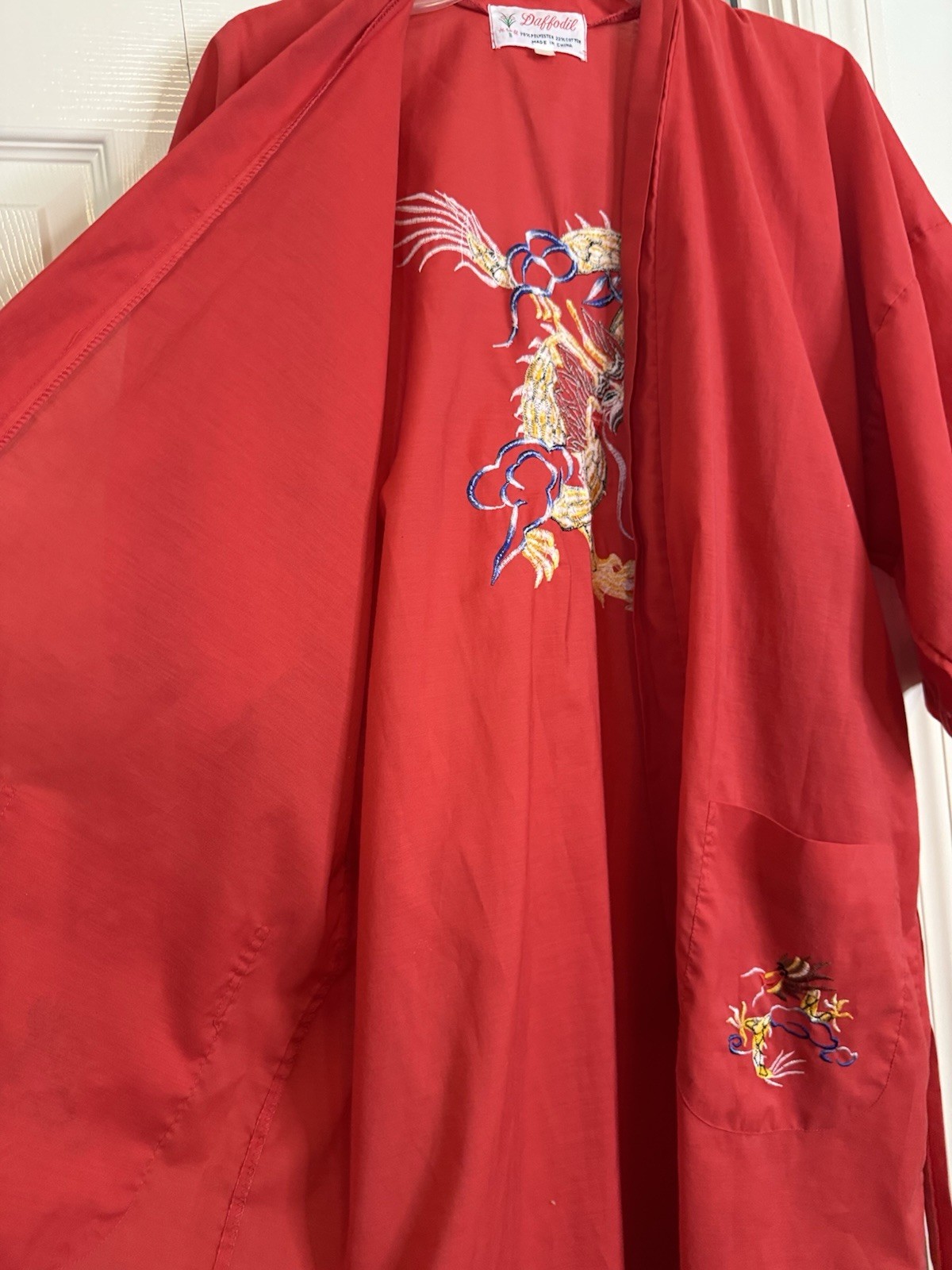 Daffodil Vintage Chinese Dragon Robe Embroidered Kimono Red Cotton Blend OS