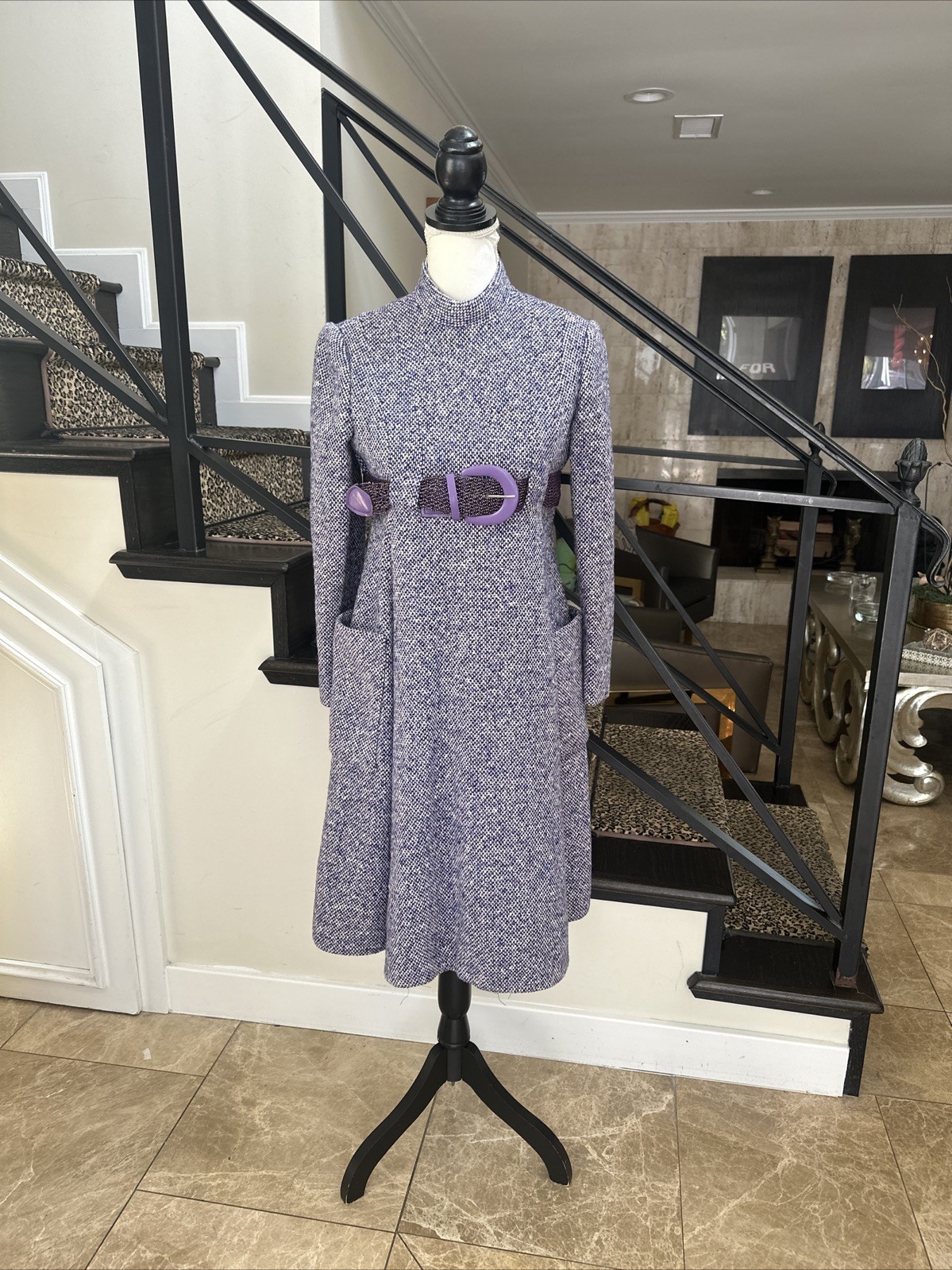 Geoffrey Beene Circa 1965 Purple Nubby Tweed Empire Swing Dress Vintage Size 6