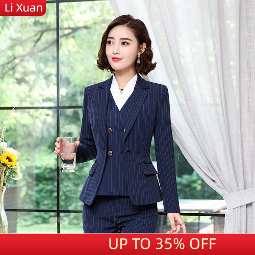 Korean Striped Blazer Jacket Pant Suit Office Ladies Business Wear Formal Set