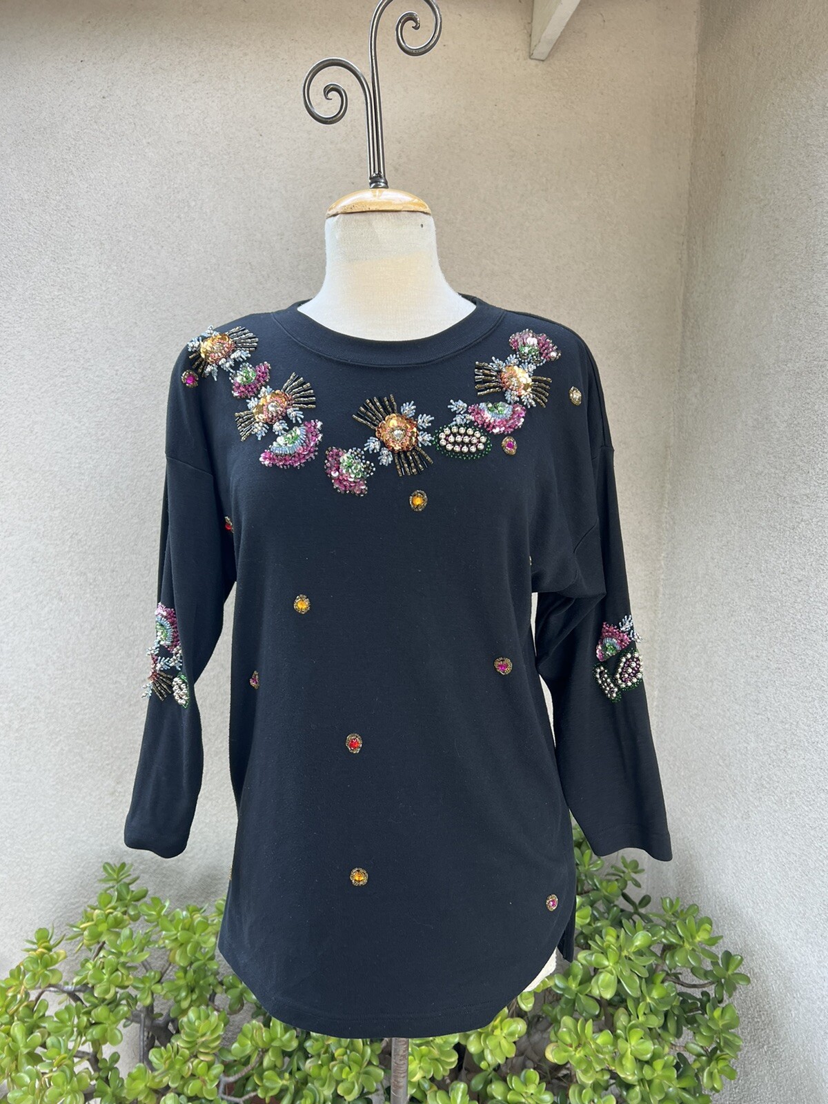 Vtg Top Sweatshirt glam black tunic beads sequins Size Medium By Eminent