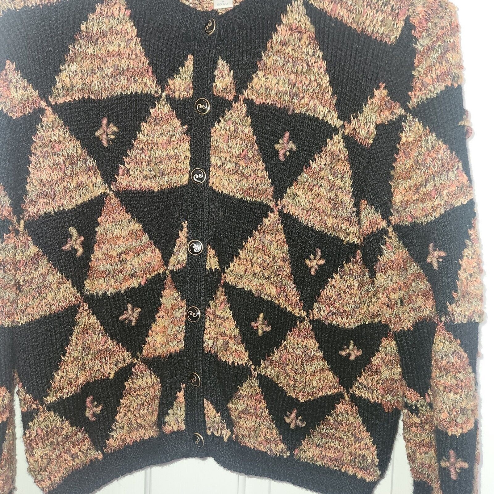 VTG SOUTH WOOL Hand Knit Bolivia Sweater Black Colorful Geo Cardigan Buttons L