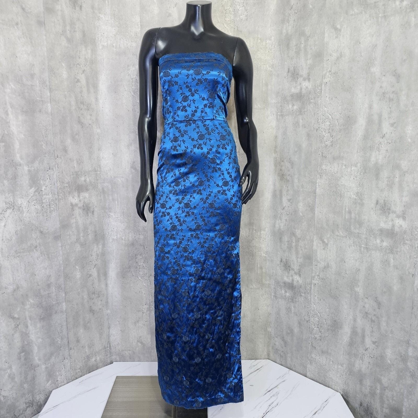 Vintage 90s L.A. Glo S Blue Black Floral Brocade Strapless Maxi Dress USA