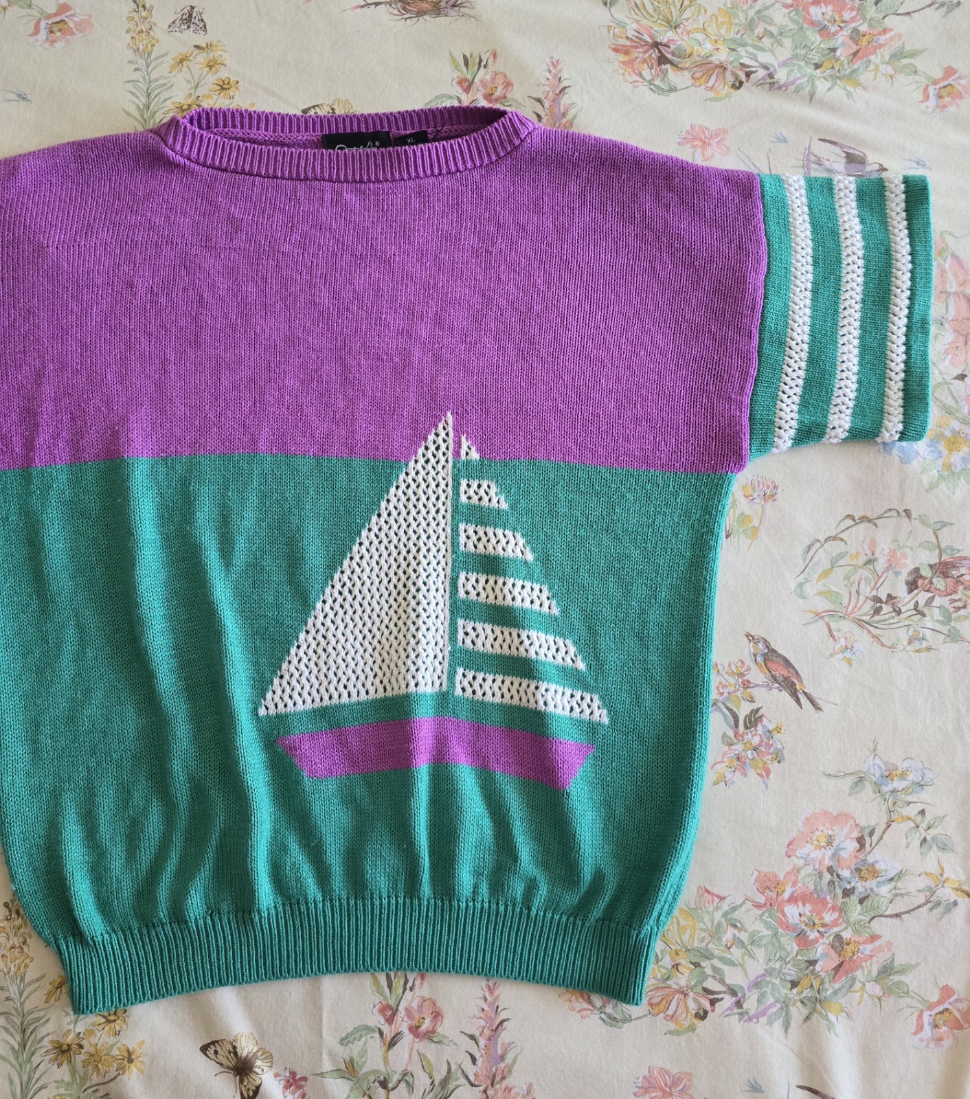 Vintage 1980s Catalina Sailboat Blouse Pastel Sweater Womens Large XL Nautical
