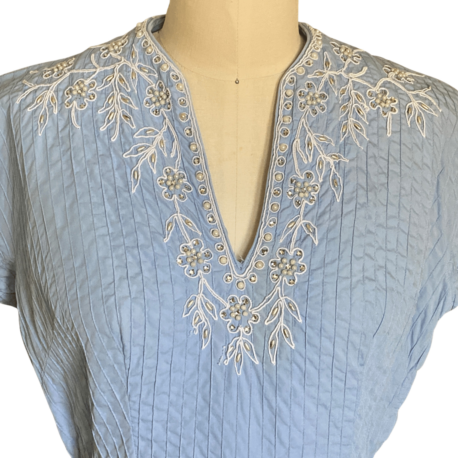 Vintage 1950s Light Blue Pearl & Rhinestone Party Dress | 1950s Cocktail Dress