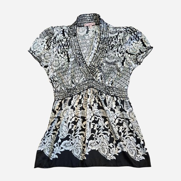 VTG y2k satin babydoll top / M/L / boho, alt, black paisley, office, work witchy