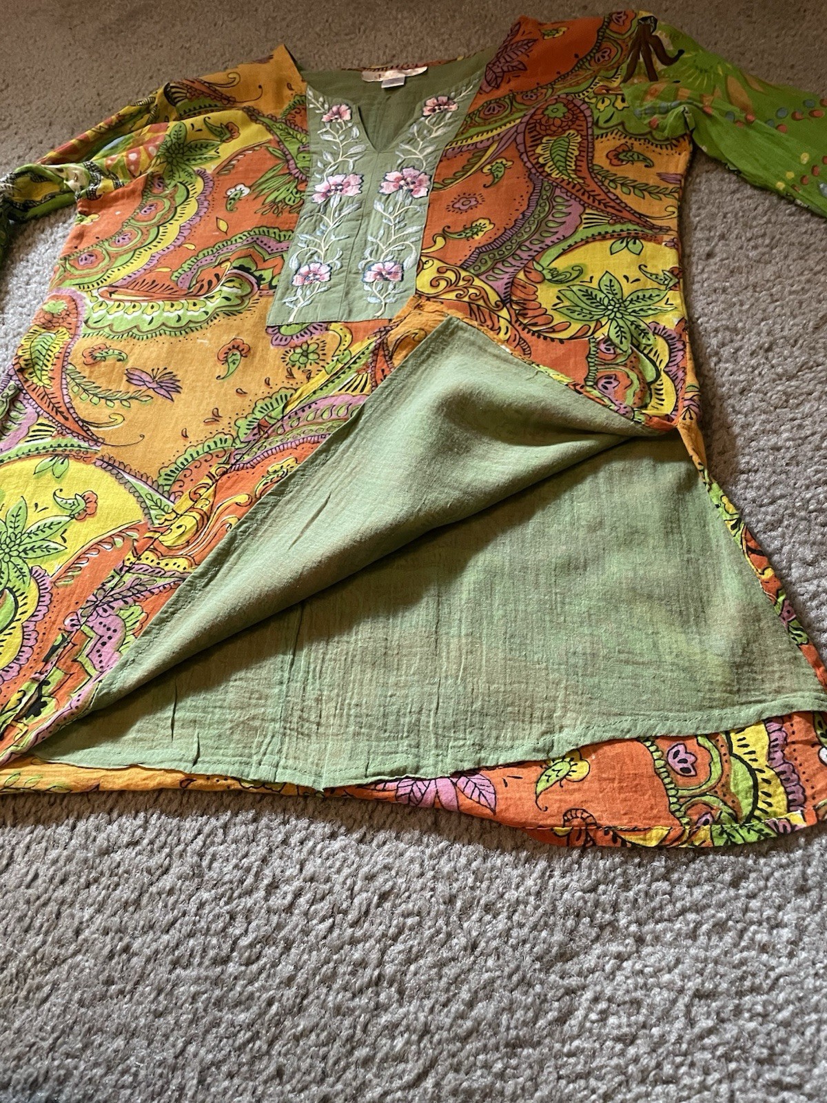 Vintage 90s Indian Cotton Paisley Tunic Top Boho Kurta Style Green Womens S/Med