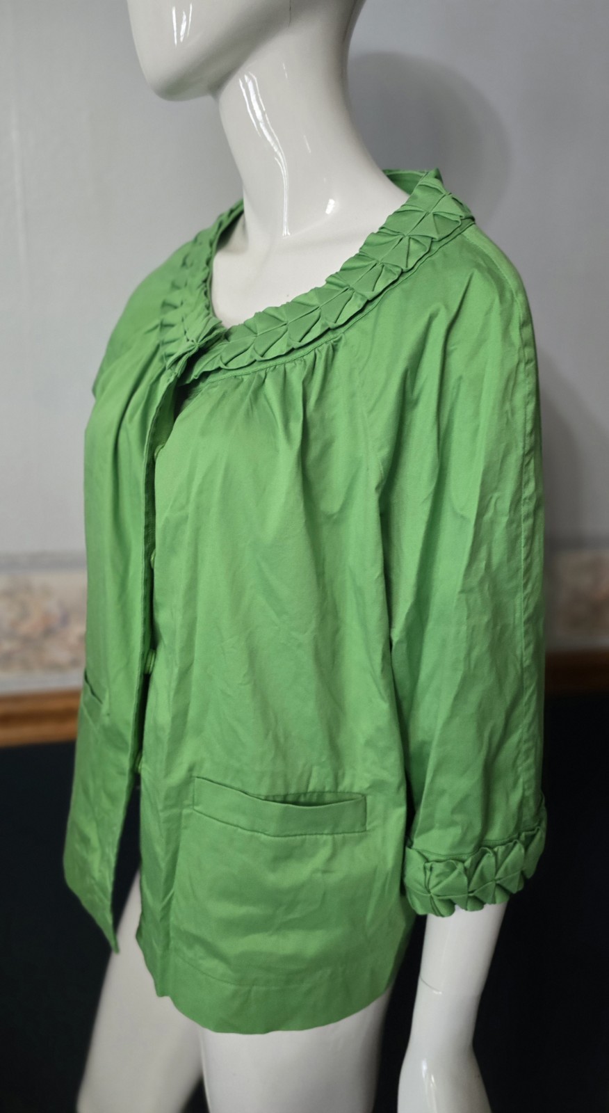 SIMPLY Chloe Dao Green Pleated Collar Jacket 1X Plus Size Cotton Stretch