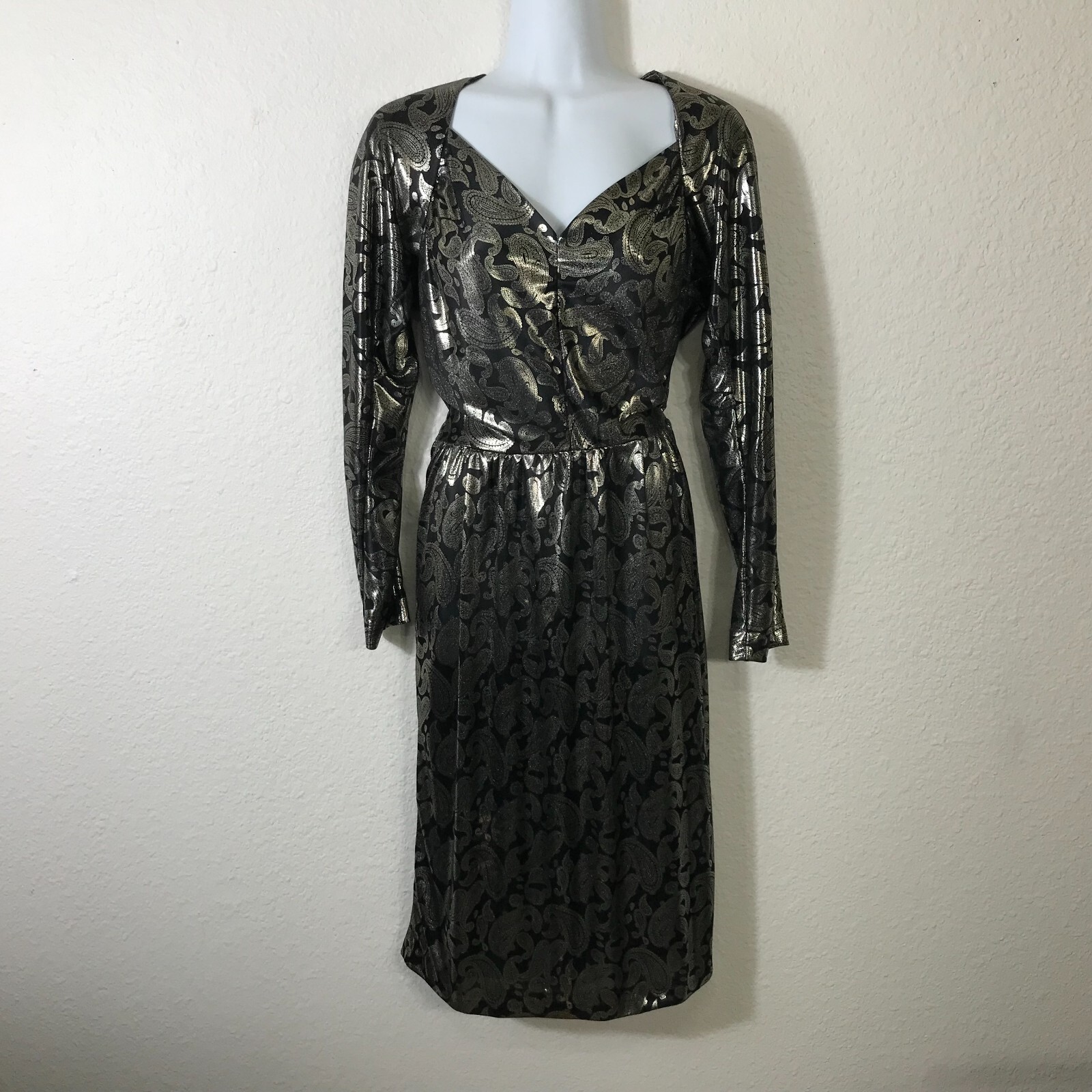 Vintage 80s Homemade Silver Lame Dress XS Paisley Lame Long Sleeve Semi Sheer