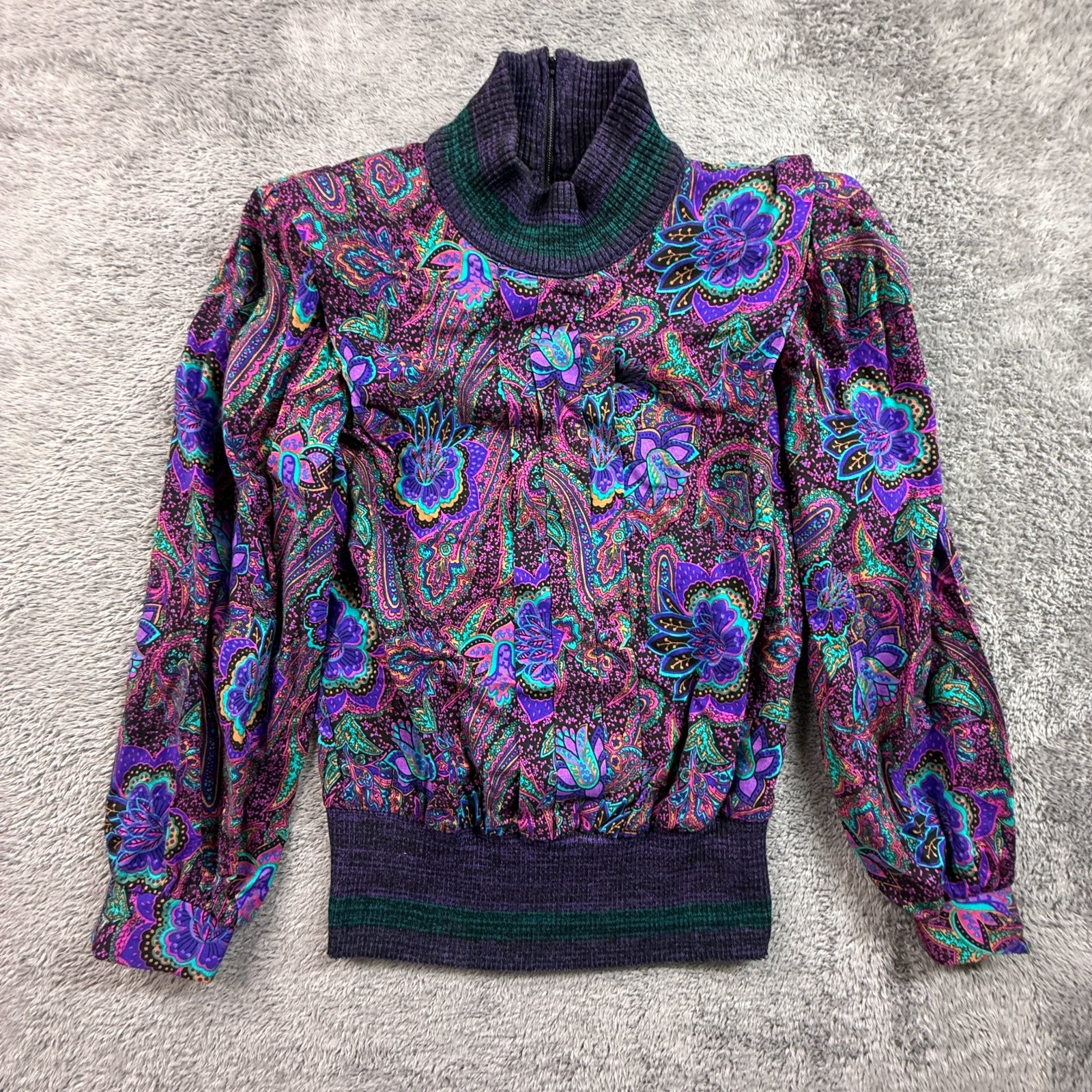 Vtg 80s Leslie Fay Petite Paisley Floral Blouse Mock Neck Zip Back Purple 8