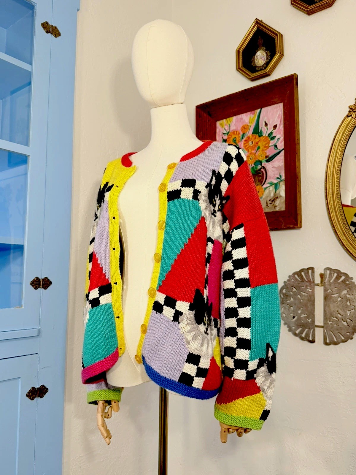 Vintage Cardigan Bay Knitted by Hand Cats Multicolored Size M Women’s