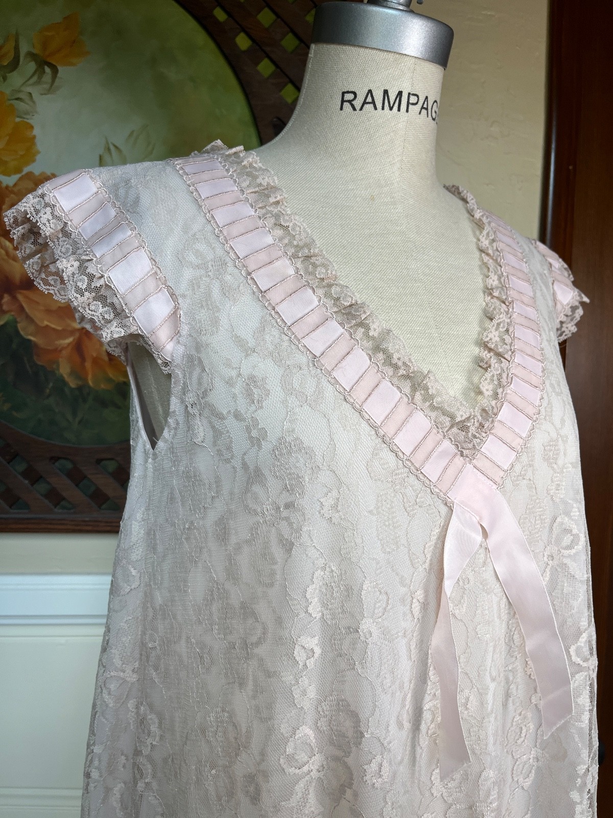 VTG Odette Barsa Floral Lace Robe & Pink Chiffon Nightgown Peignoir Coquette M/L
