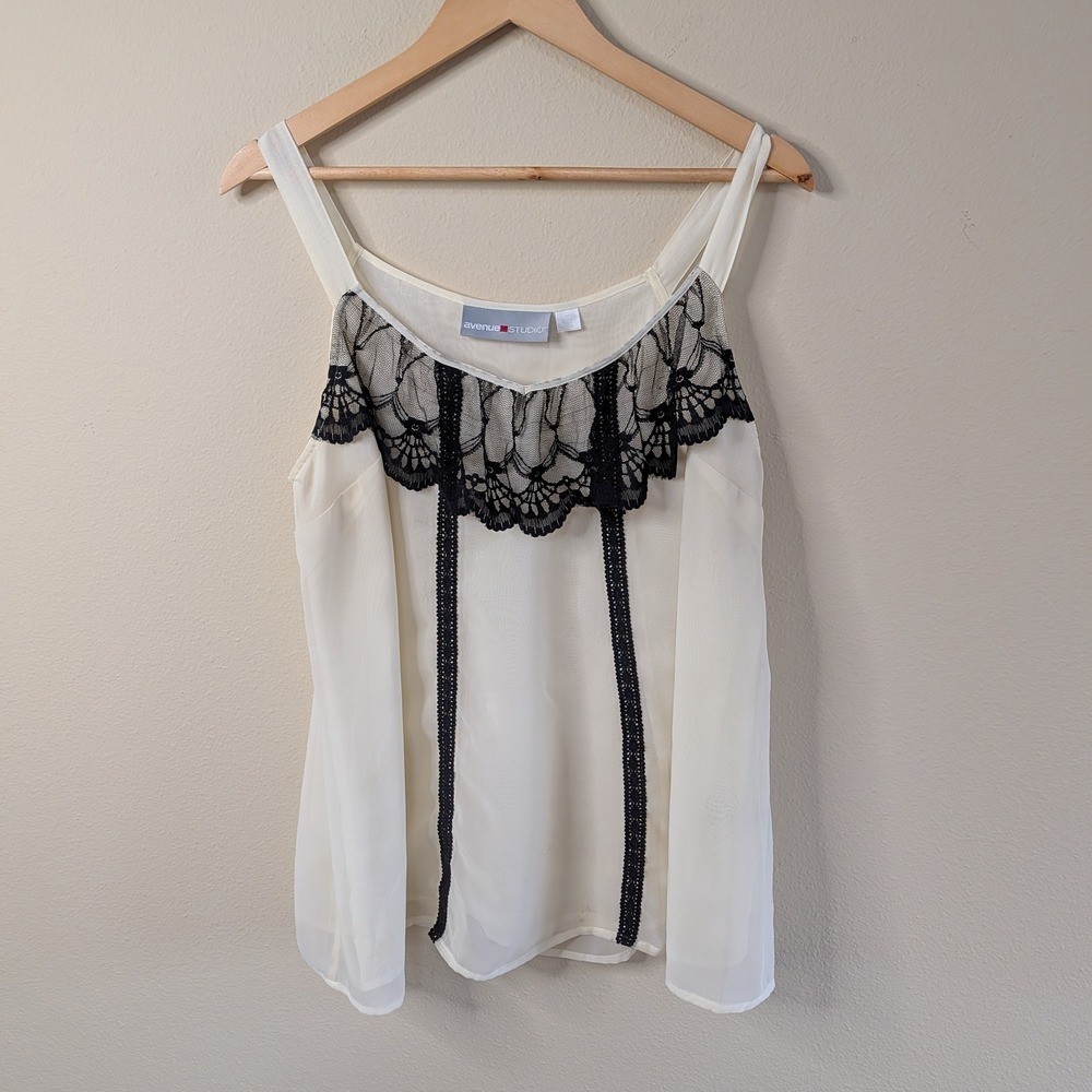 Avenue Studio Lace Trim Tank Top Cream Black Size 18/20