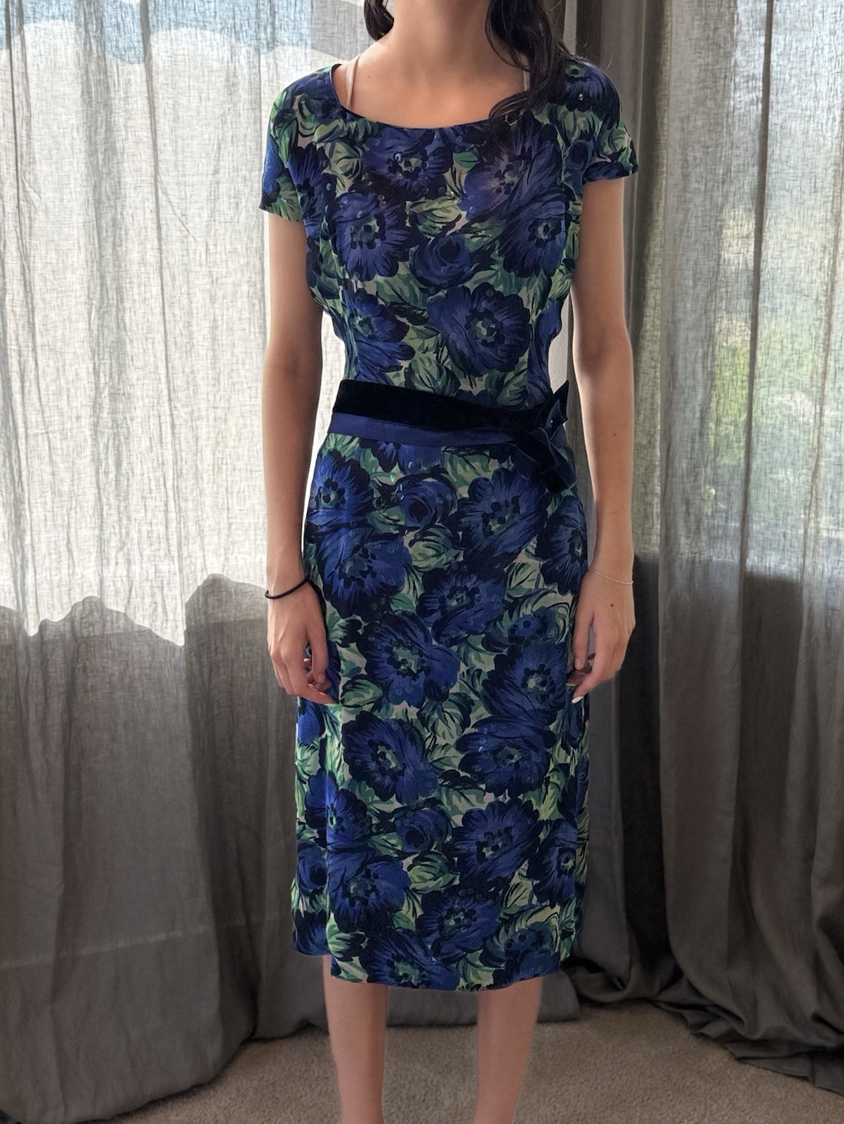 1960s Vintage Silk Chiffon Party DRESS Blue/Green Floral Lined Taffeta M Sequin