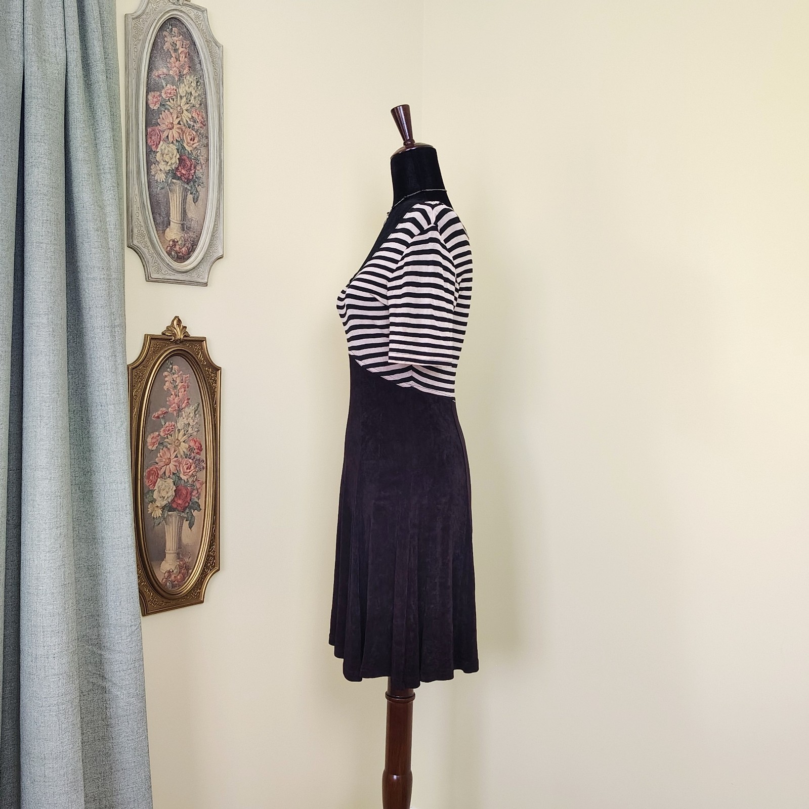 Vintage 90s Cream & Black Striped POSSESSED Slinky Grunge Skater Mini Dress