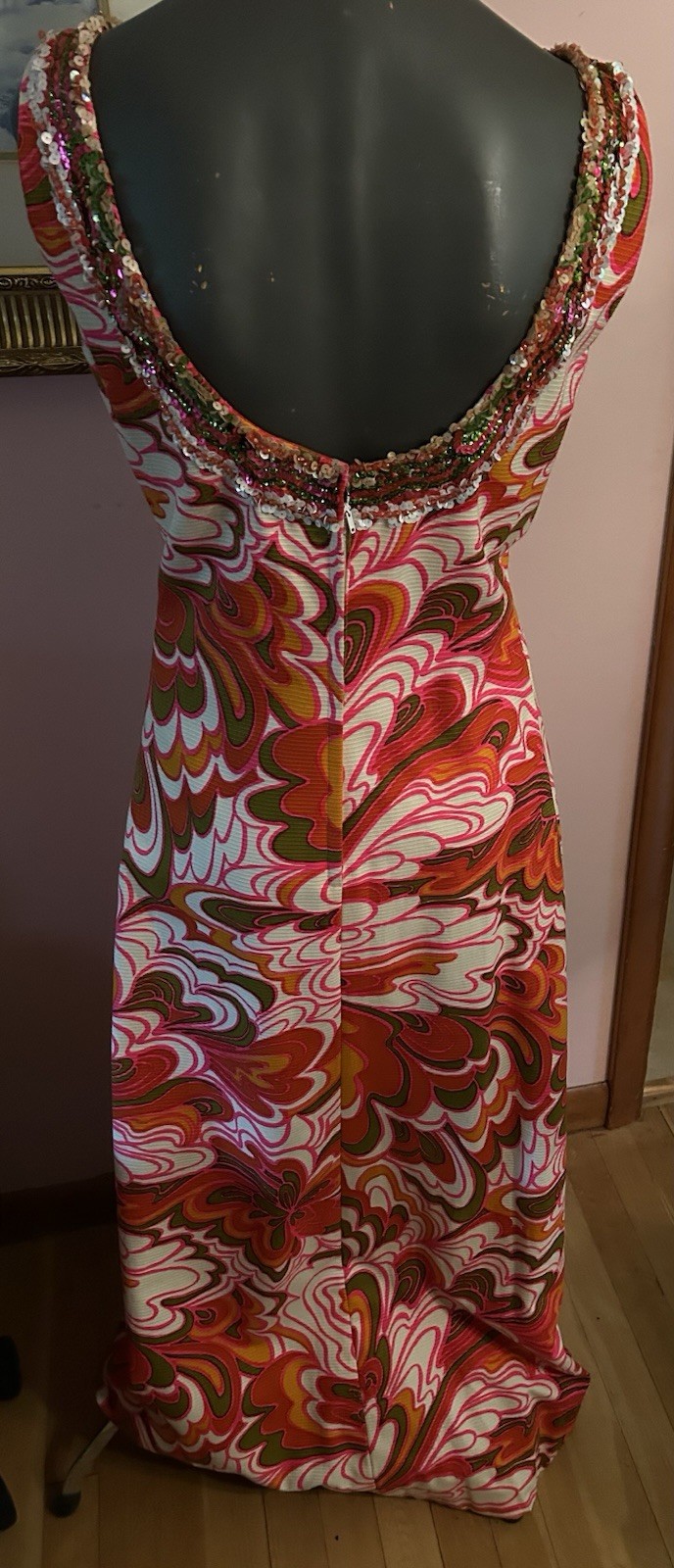 Vintage Cameo Psychedelic Maxi Dress 10 Orange White Pink Cotton Sequins Trim