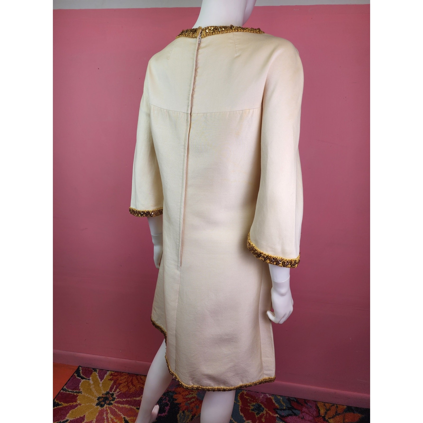 Vintage 1960’s Champagne Cream Gold Cord Trim Rhinestone Shift Dress I. Magnin
