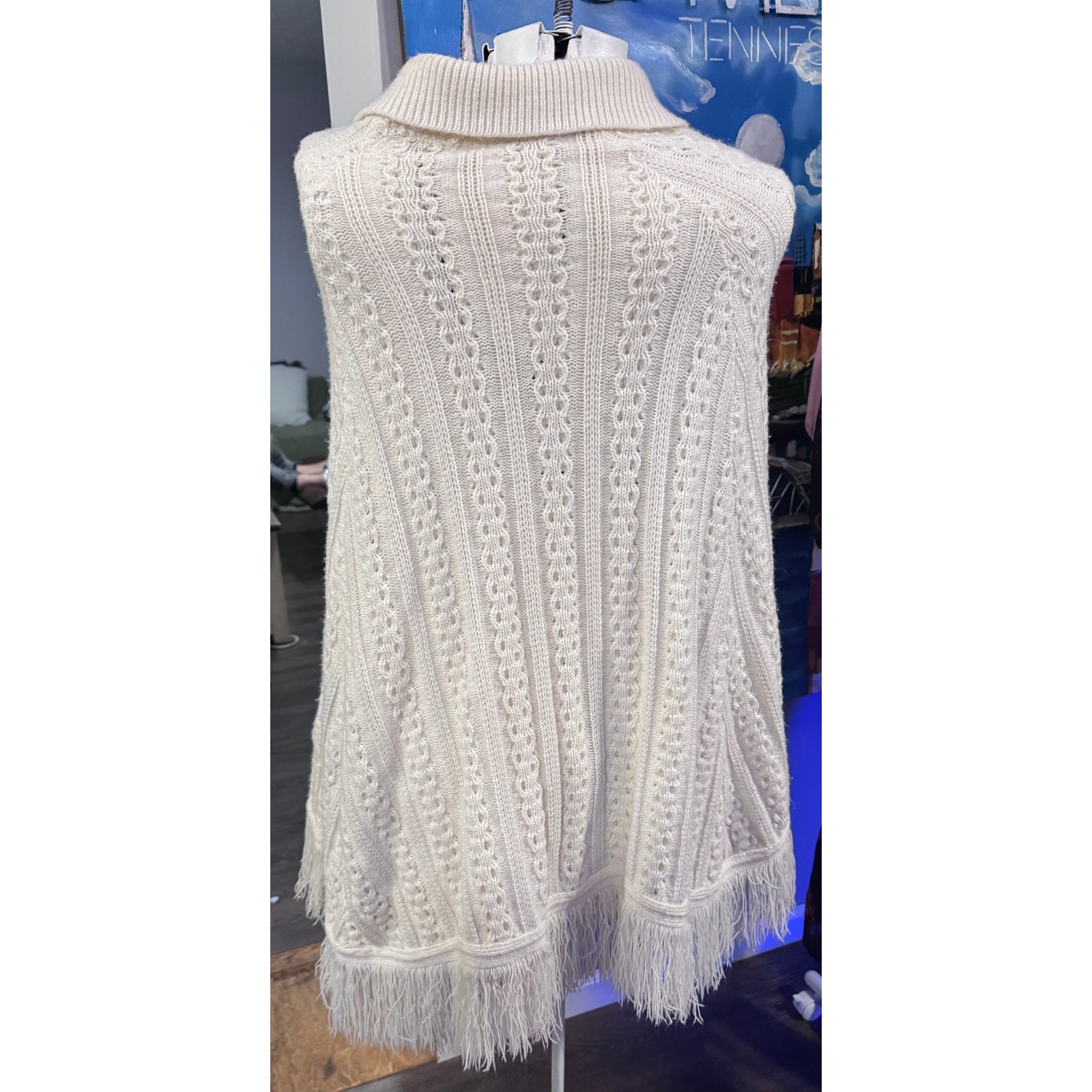 Cottagecore Cream Cable Knit Button Boho Front Poncho Cape Fringe Collared 70s