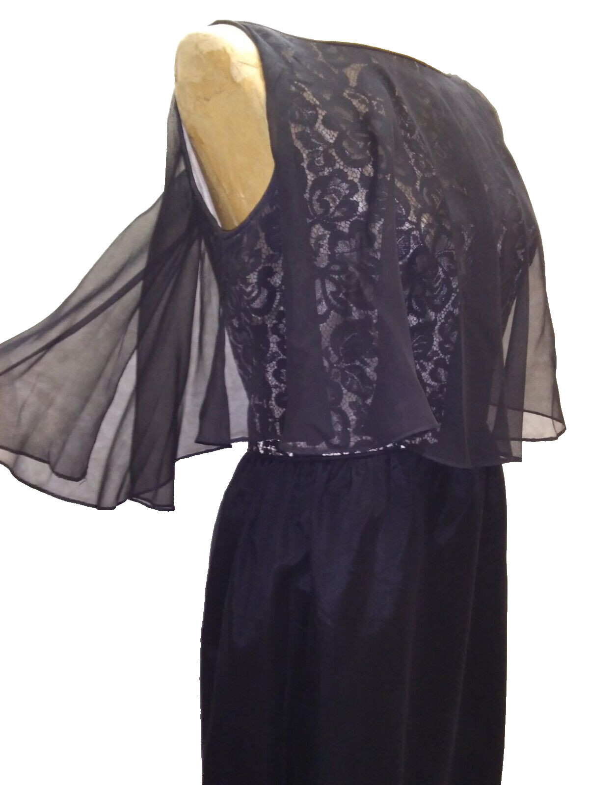 Vintage 1950’s 60’s Black Crepe Rayon & Chiffon Lace Cocktail Dress S/M