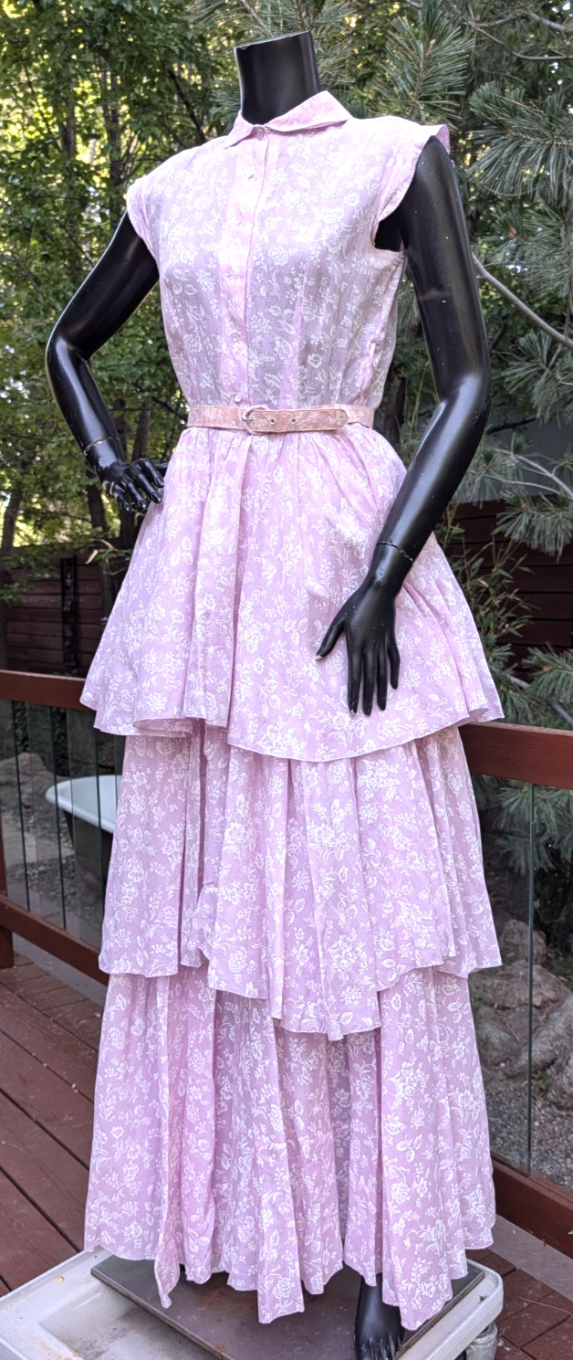 Vintage 30s 40s pink sheer cotton floral print tiered summer dress top shirt set