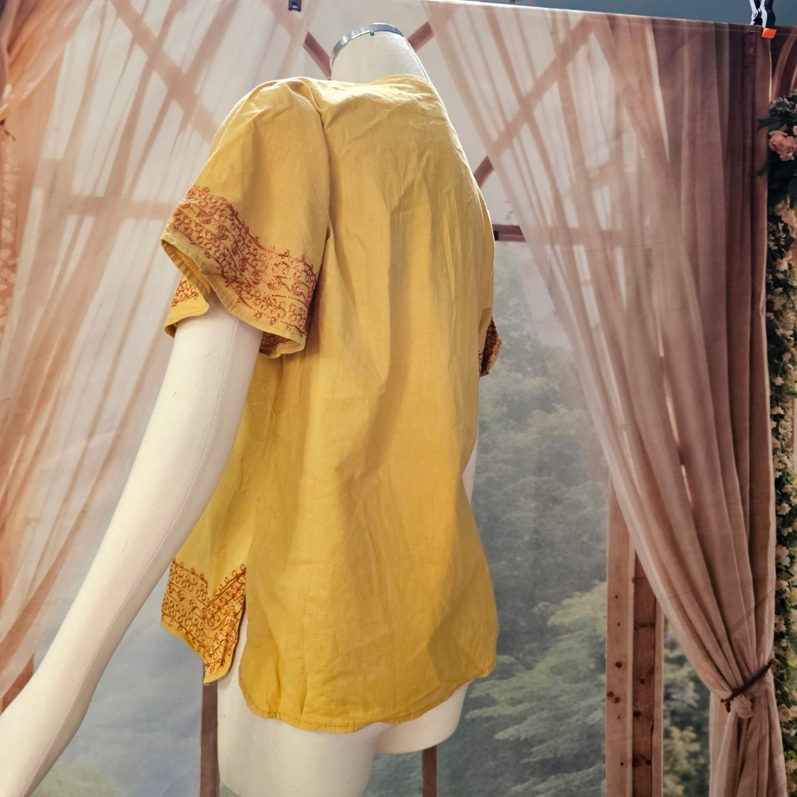 Vintage 1970s Blouse Top Shirt Mustard Yellow Embroidered India Short Sleeve