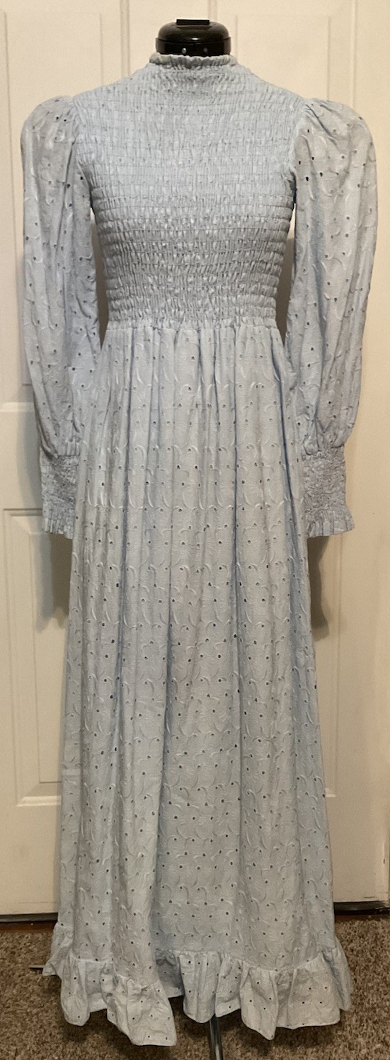 VINTAGE 70s PHASE II CALIFORNIA SMOCKED BUST BLUE EYELET BOHO PRAIRIE MAXI DRESS
