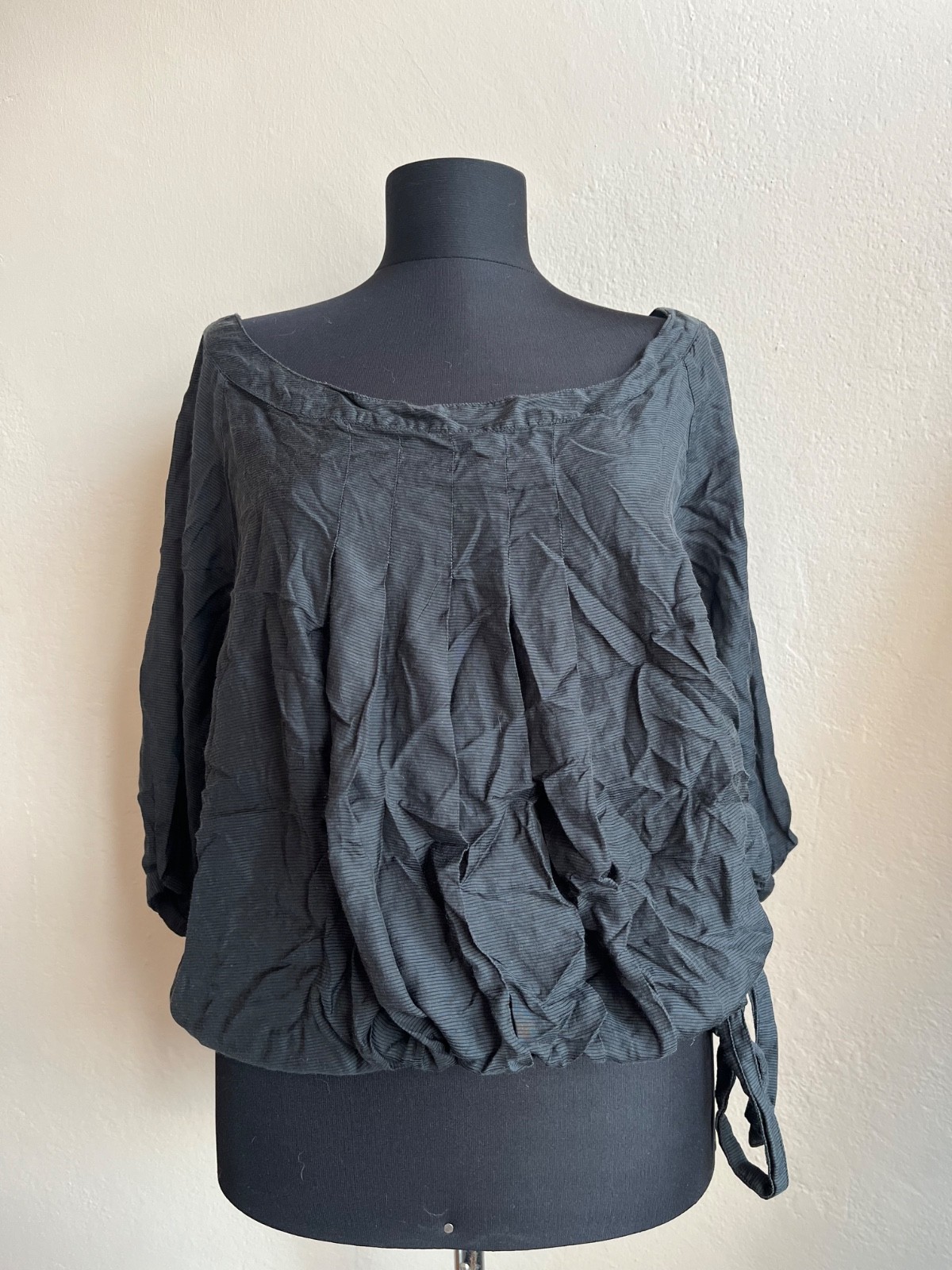 Diesel Vintage Y2K Crinkled Draped Blouse Black Asymmetrical Tie Hem Size S