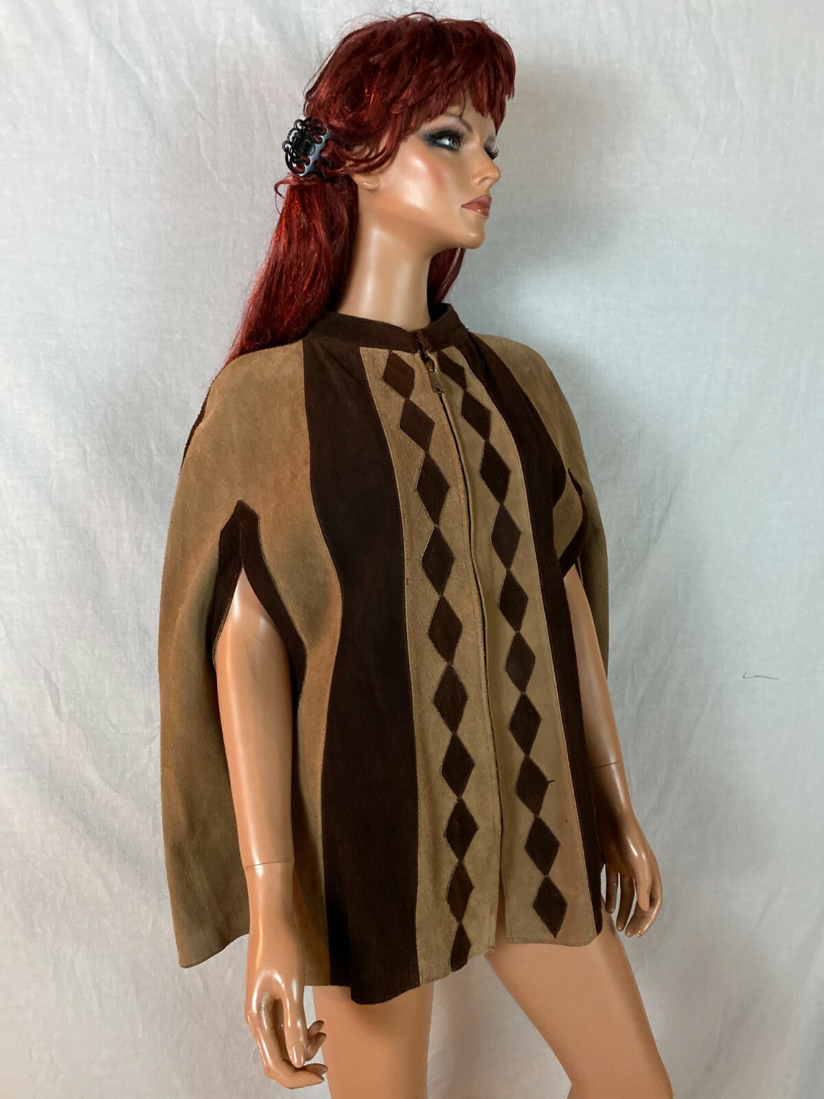 Vtg 60-70s Cape Poncho Coat 2 Tone Brown Diamond Art Love Zip Birds Back Hippy S