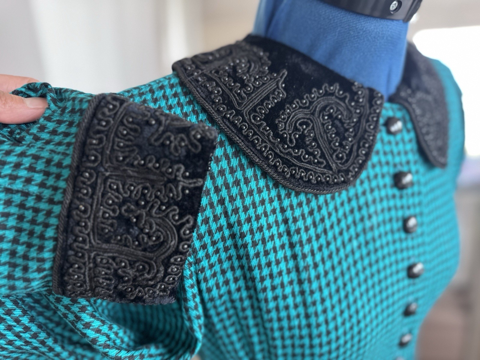 Vintage 80s Sarah Elizabeth Beaded collar Teal Gingham Goth Check Maxi Dress